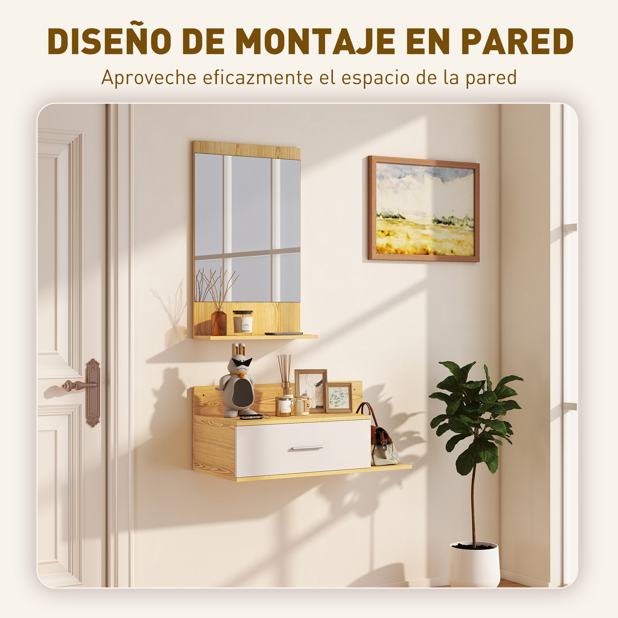 Una unidad de pared con espejo, cajón, decoración y planta.