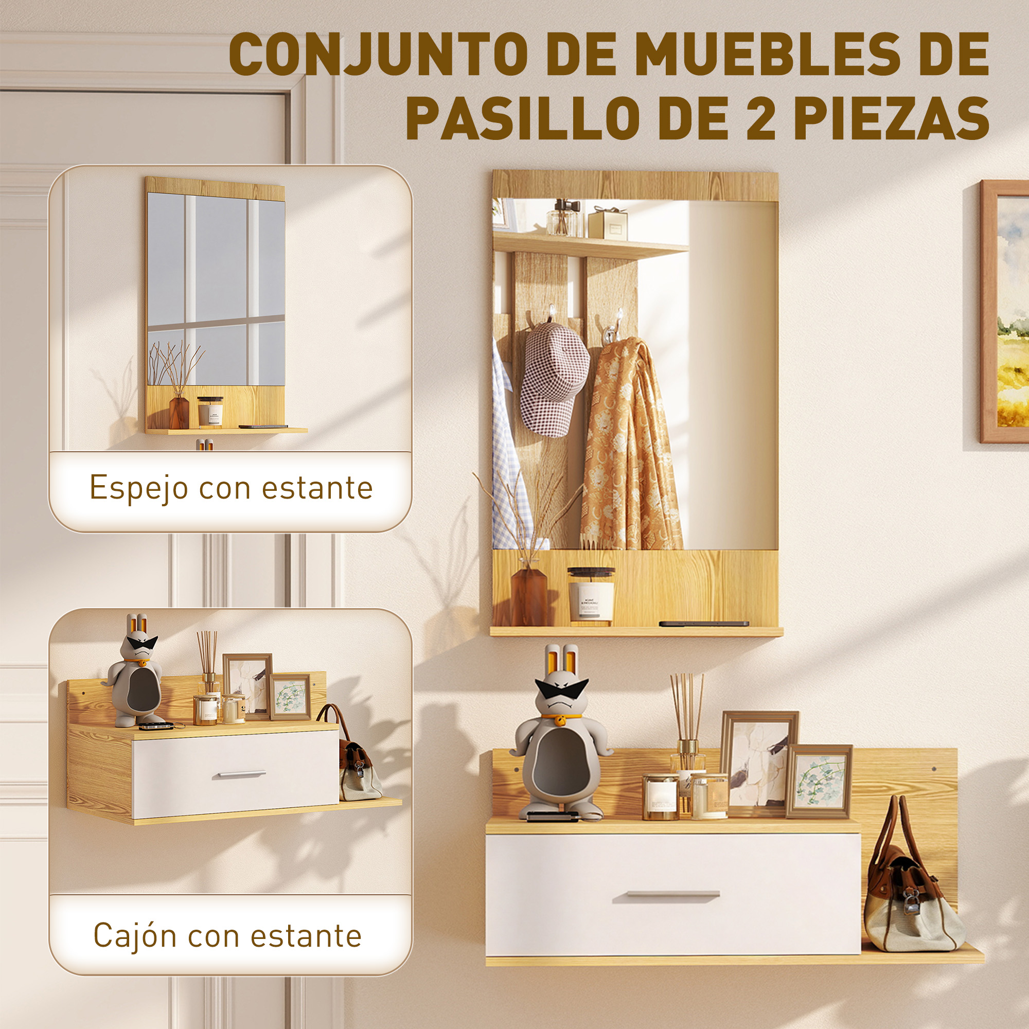 Conjunto de muebles de pasillo con espejo y cajón. Decorado con figura de conejo.