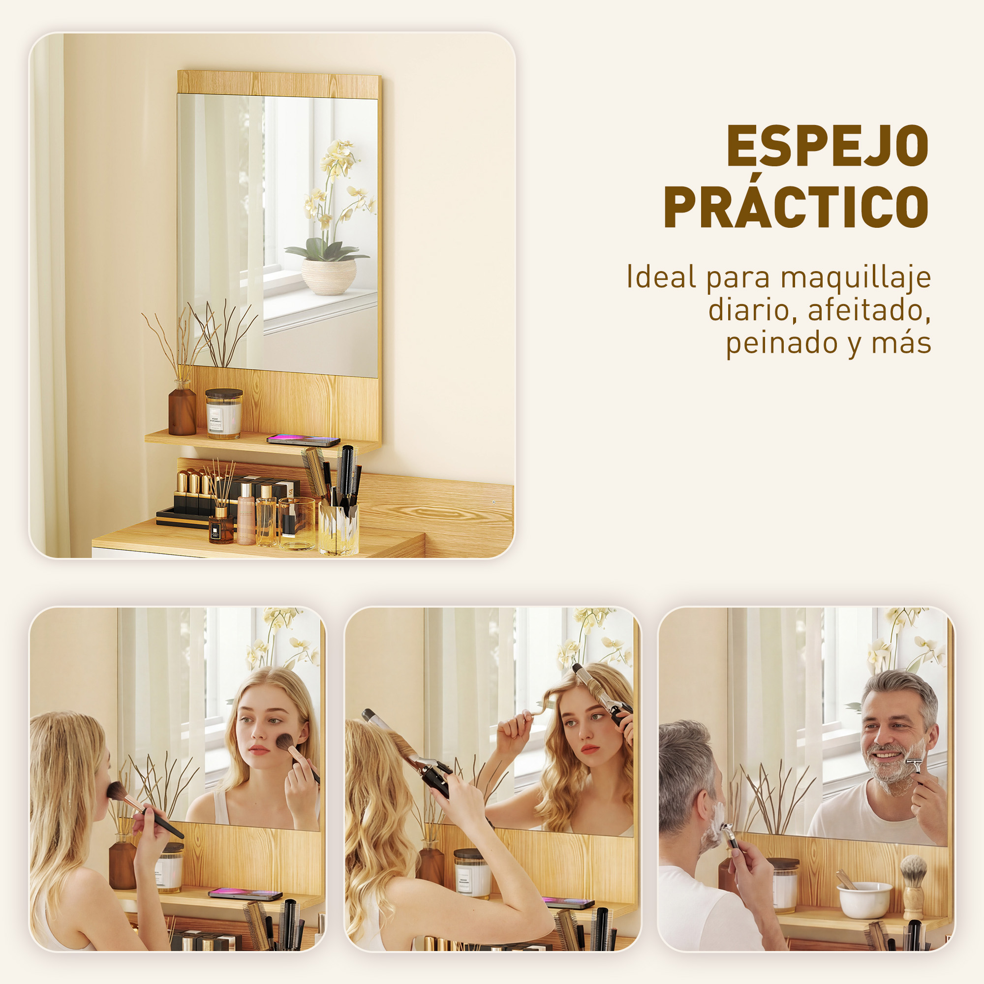 Espejo con marco de madera sobre tocador con cosméticos y tres escenas: mujer maquillándose, rizándose el pelo, hombre afeitándose.