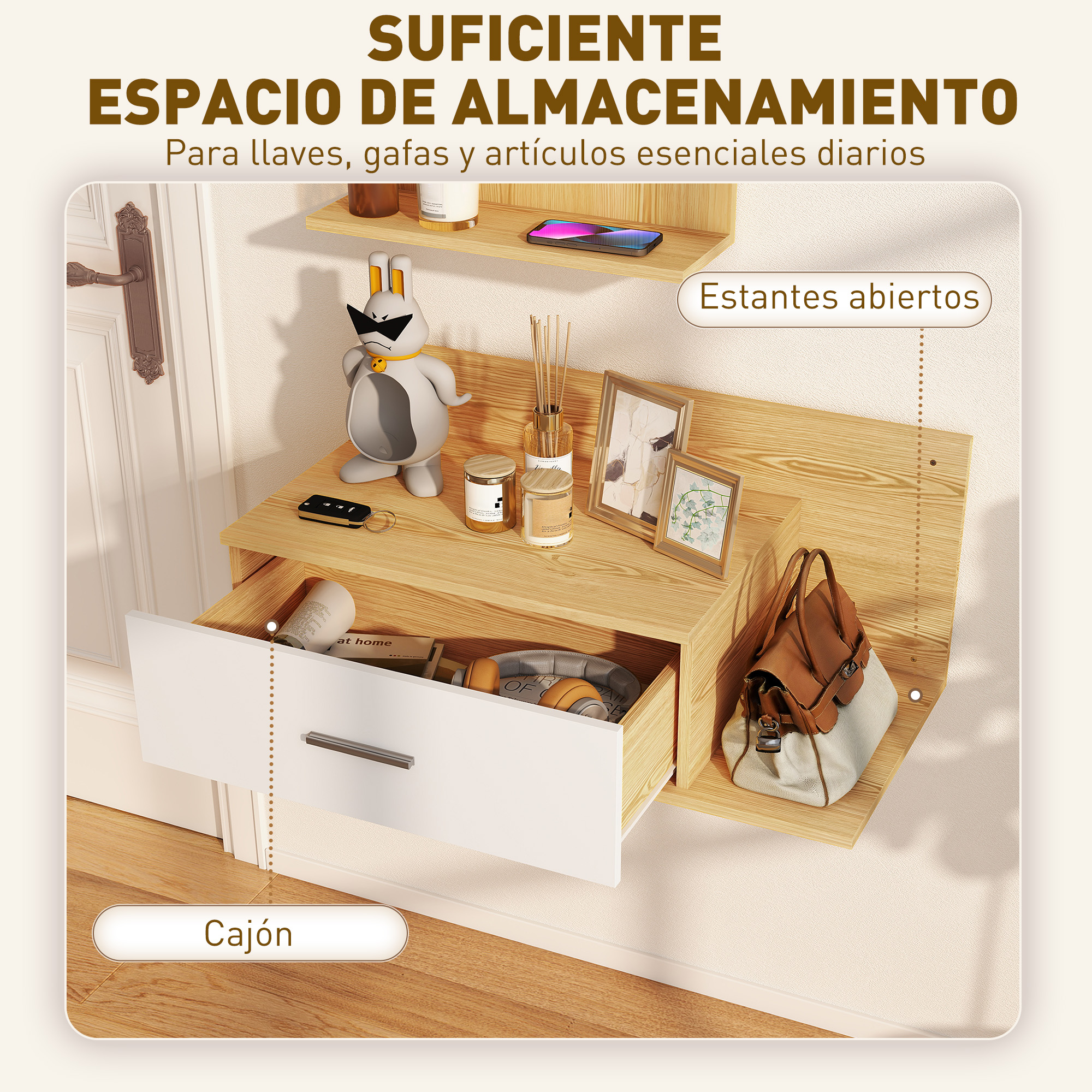 Un mueble de noche con cajón y estantes abiertos, decorado con un conejo, velas y cuadros.