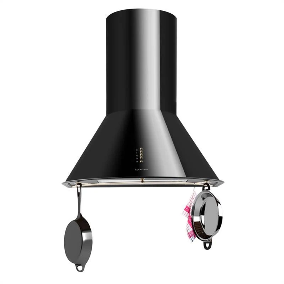 Una campana extractora negra con dos utensilios de cocina colgando.