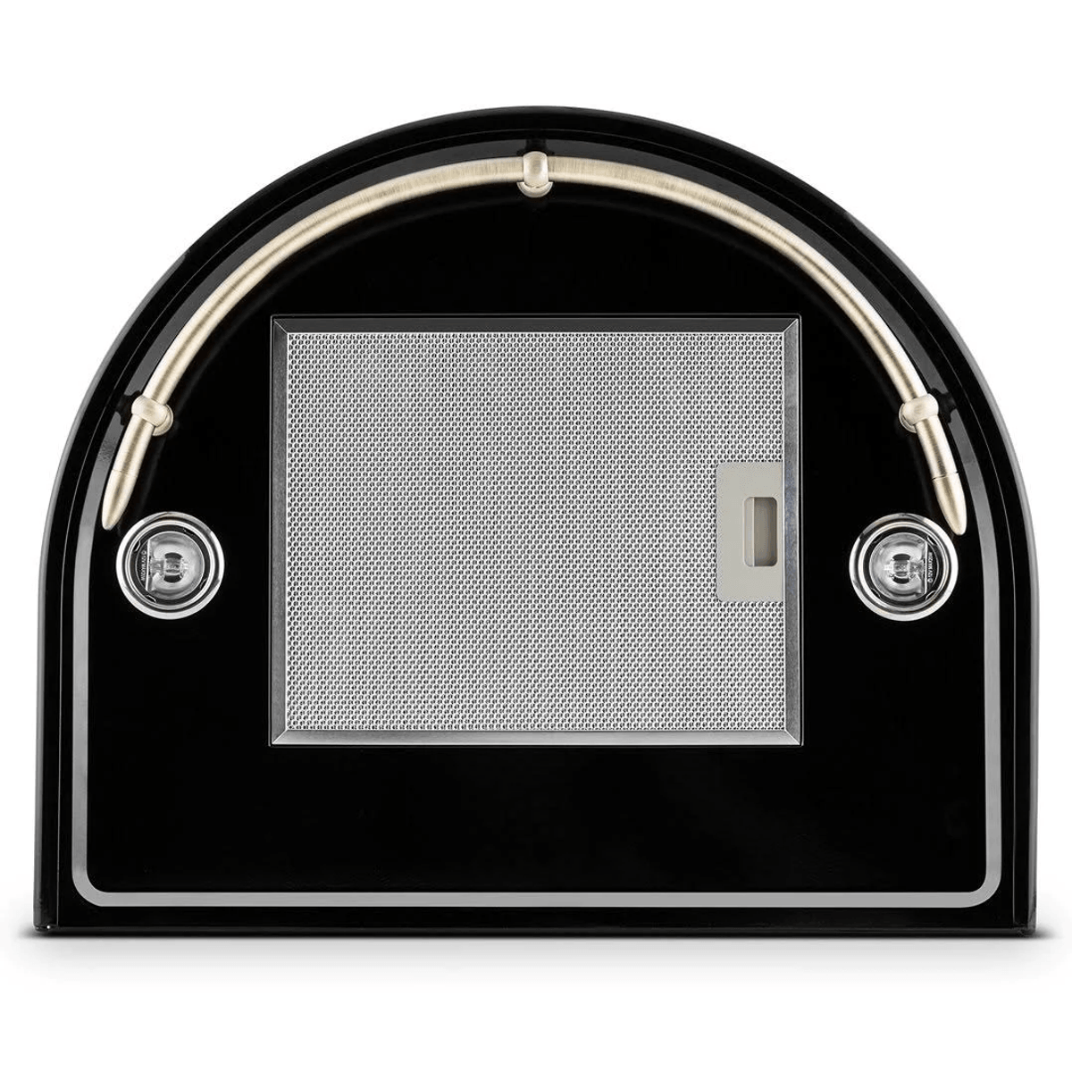 Parte superior de campana extractora negra con filtro metálico y detalles dorados.