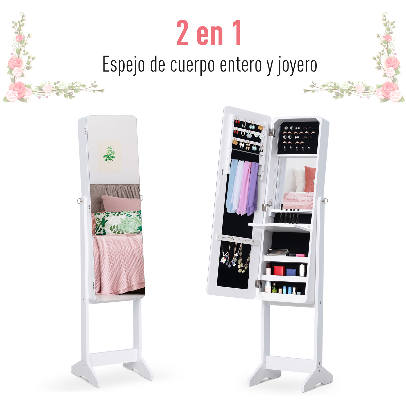 Un joyero blanco con espejo, que muestra joyas y bufandas en su interior.