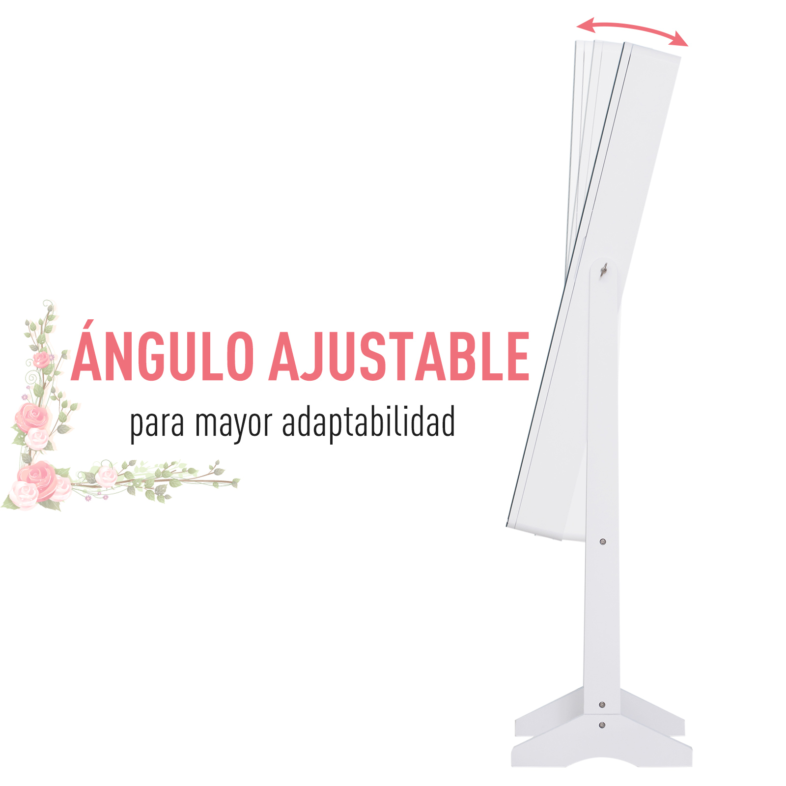 Un espejo blanco con ángulo ajustable, mostrado a la derecha.
