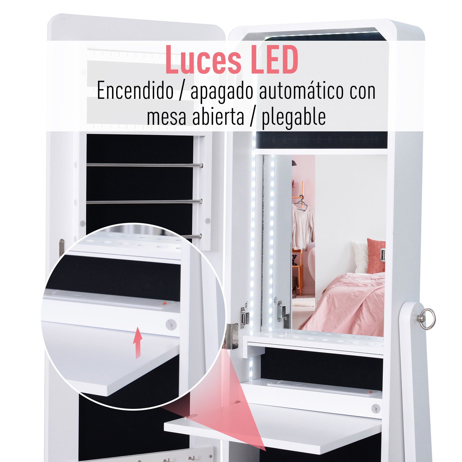 Armario de joyería blanco con luces LED, mesa extraíble y espejo.