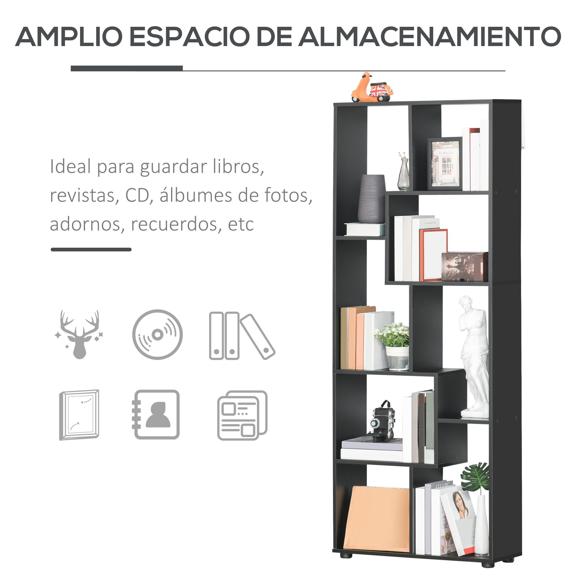 Un estante negro lleno de libros, decoraciones y una estatua.