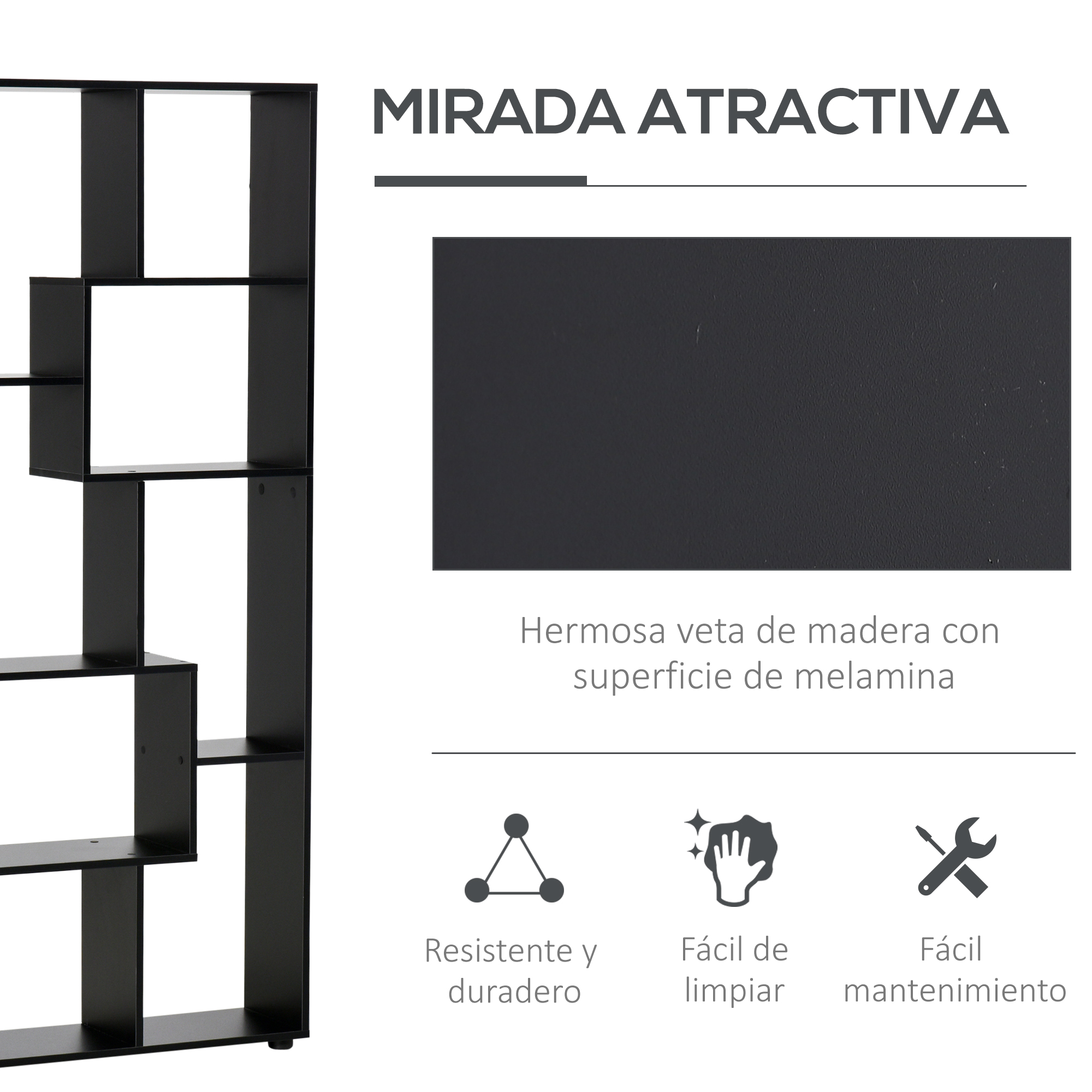 Estantería negra con varios compartimentos y detalle veta madera.