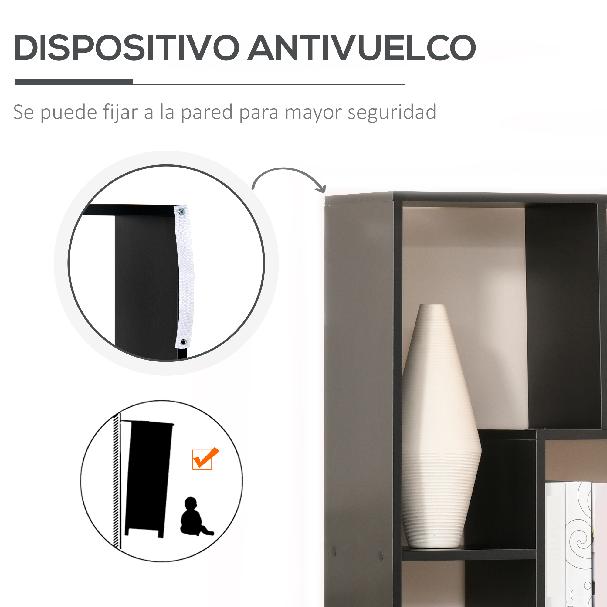 Dispositivo antivuelco. Instrucciones con primeros planos de fijación a pared.