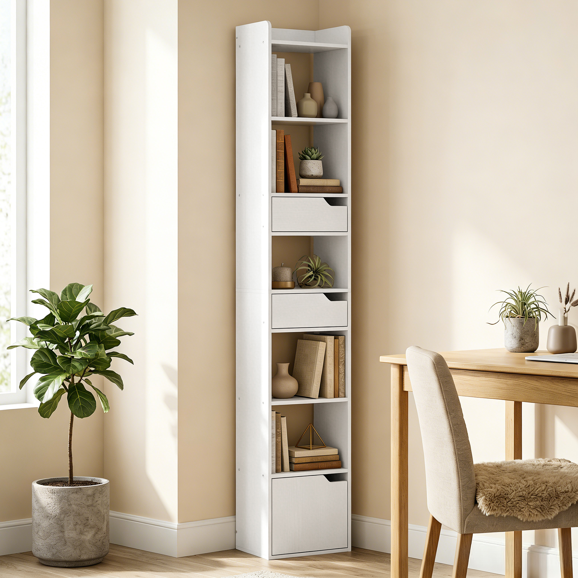 Una estantería blanca, alta y estrecha, llena de libros y decoraciones, junto a una silla y escritorio.