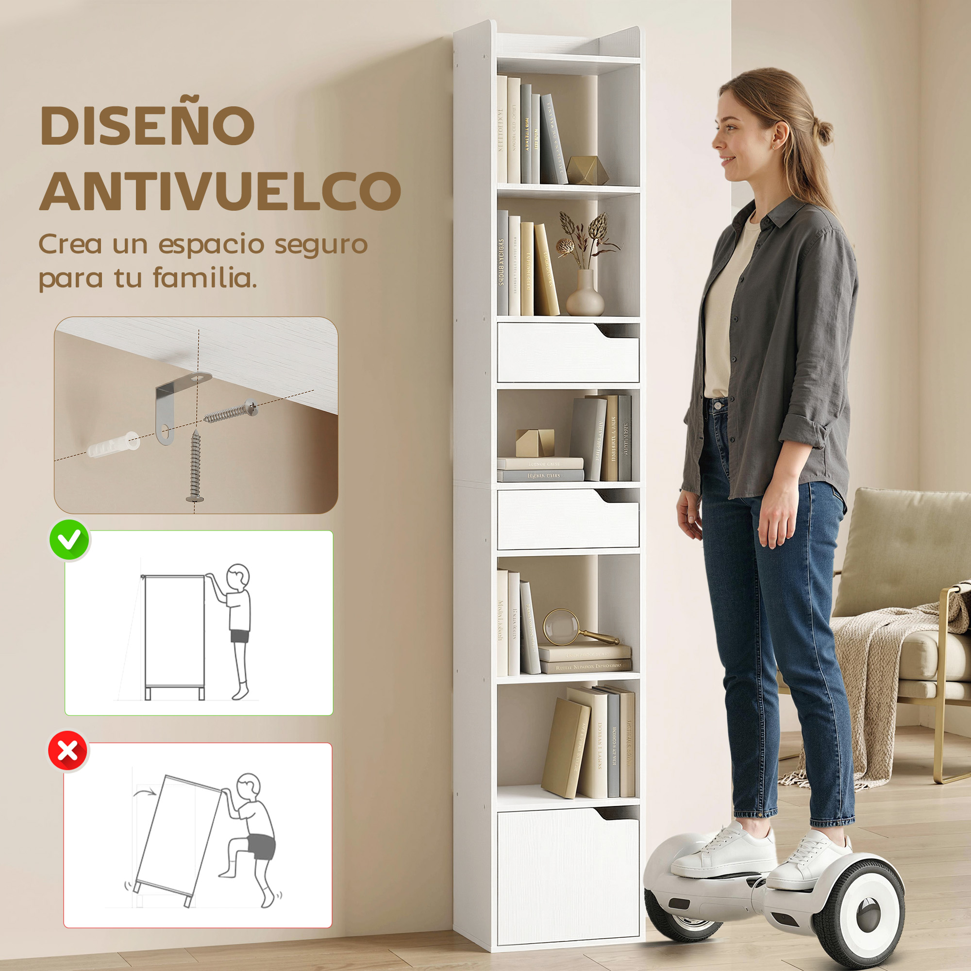 Una mujer en un hoverboard está junto a una estantería blanca con libros.