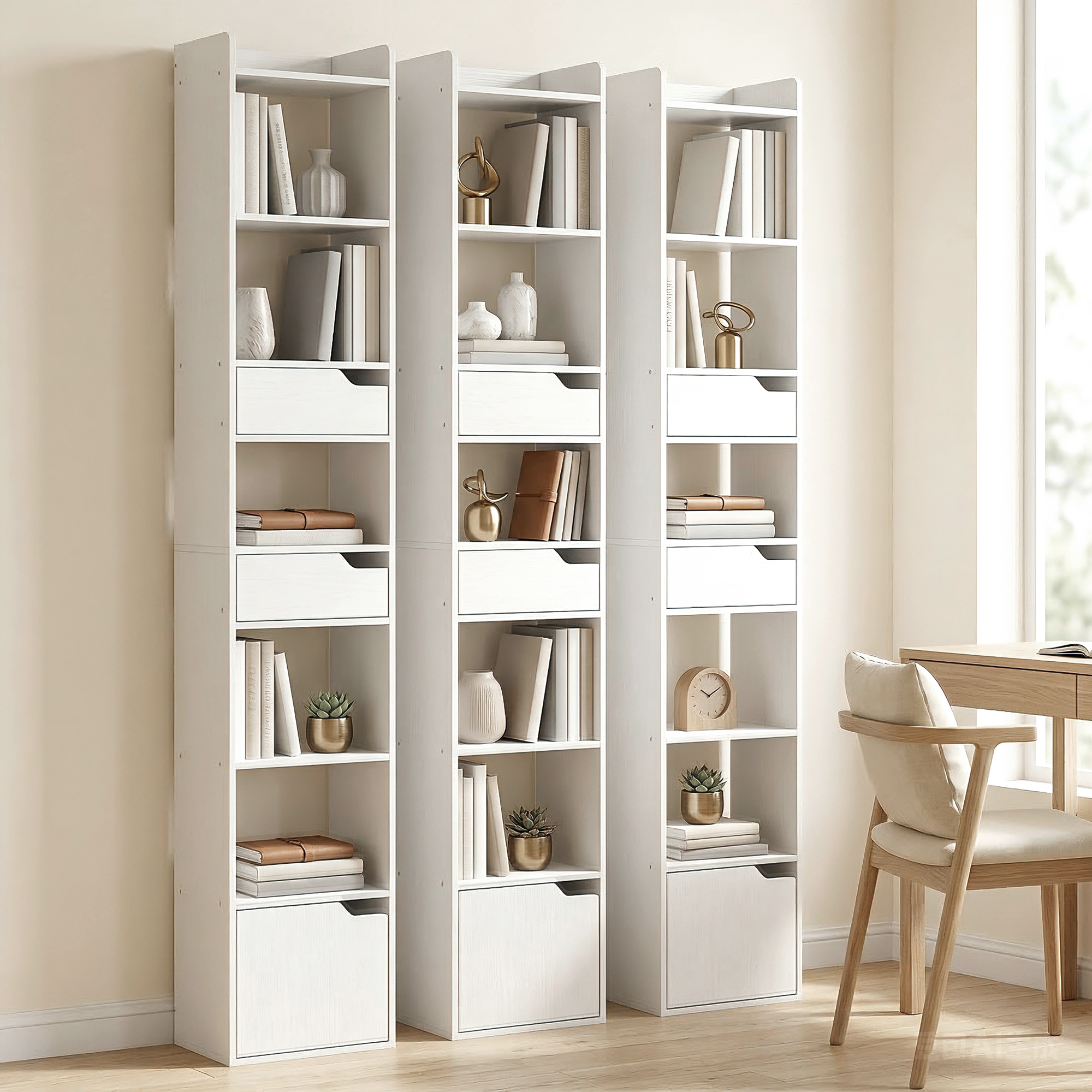Estanterías blancas con libros, jarrones, cajones y objetos decorativos, junto a un escritorio con silla.