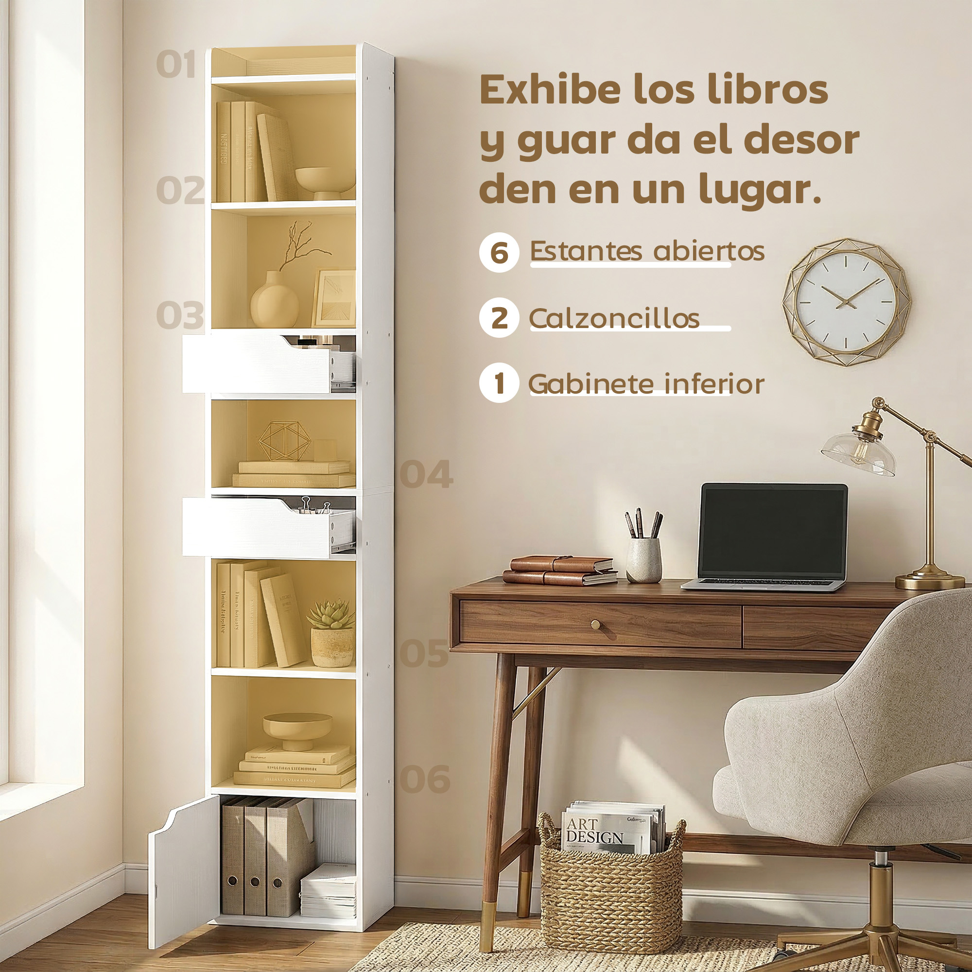 Una estantería blanca junto a un escritorio con portátil, lámpara y reloj.