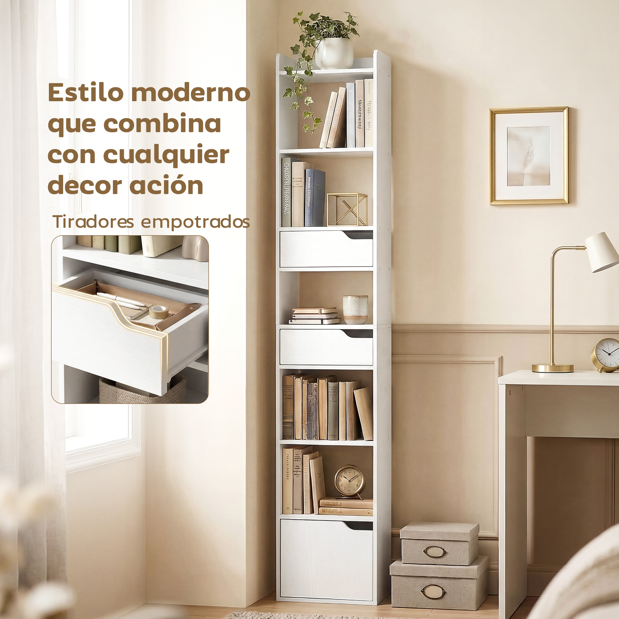 Un estante blanco, alto y estrecho con libros, plantas y cajones.