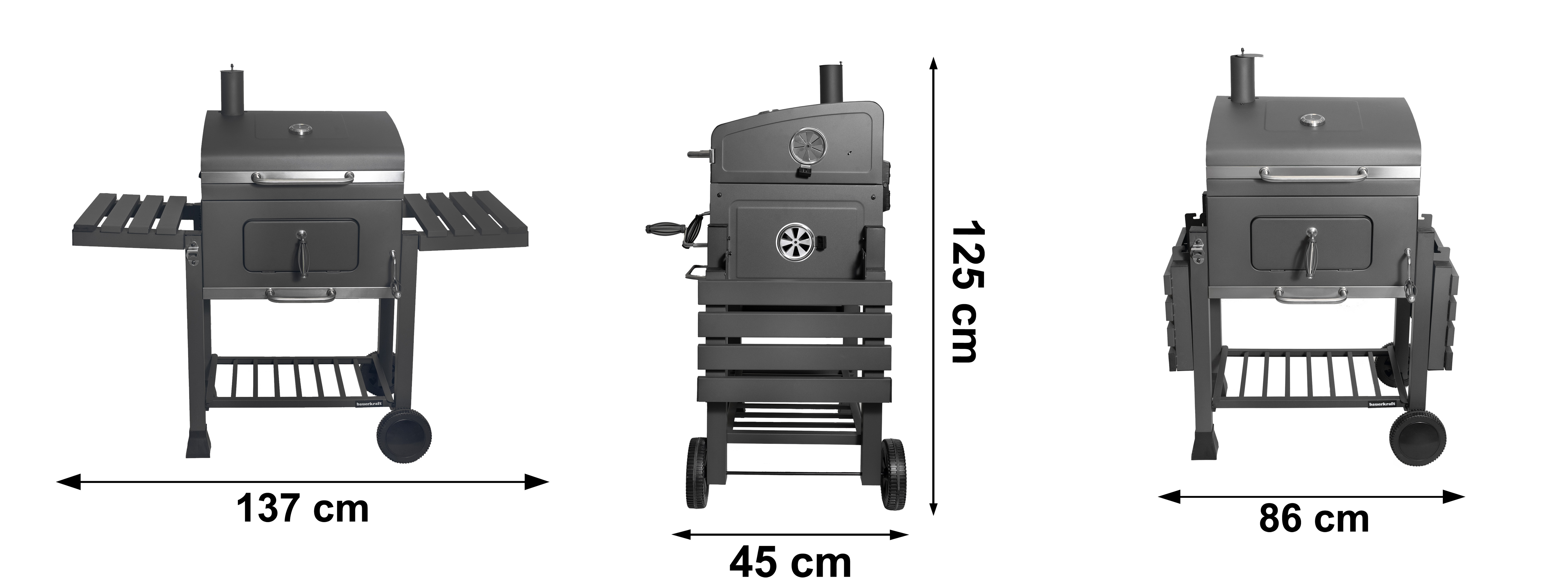 Trzy widoki ciemnego grilla z wymiarami: 137 cm szer., 45 cm gł., 125 cm wys.