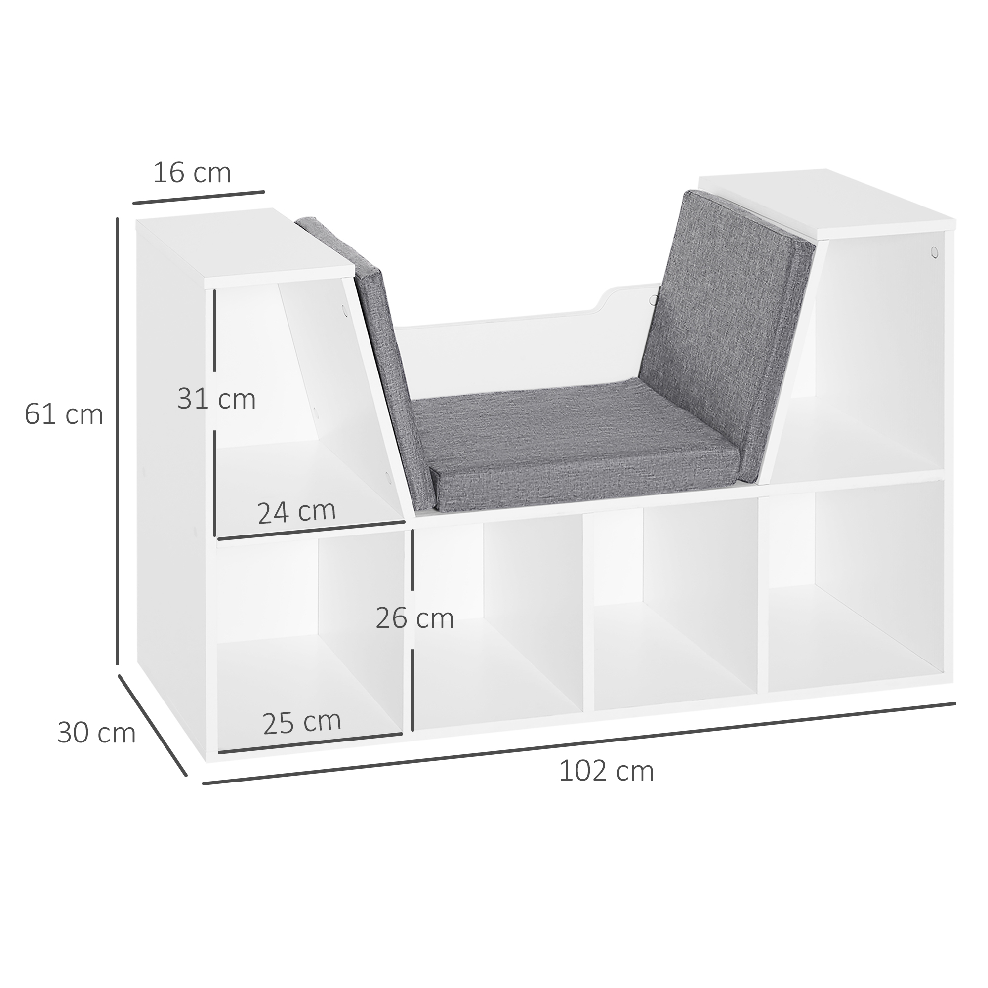 Estantería blanca con cojín gris, se muestran las dimensiones.