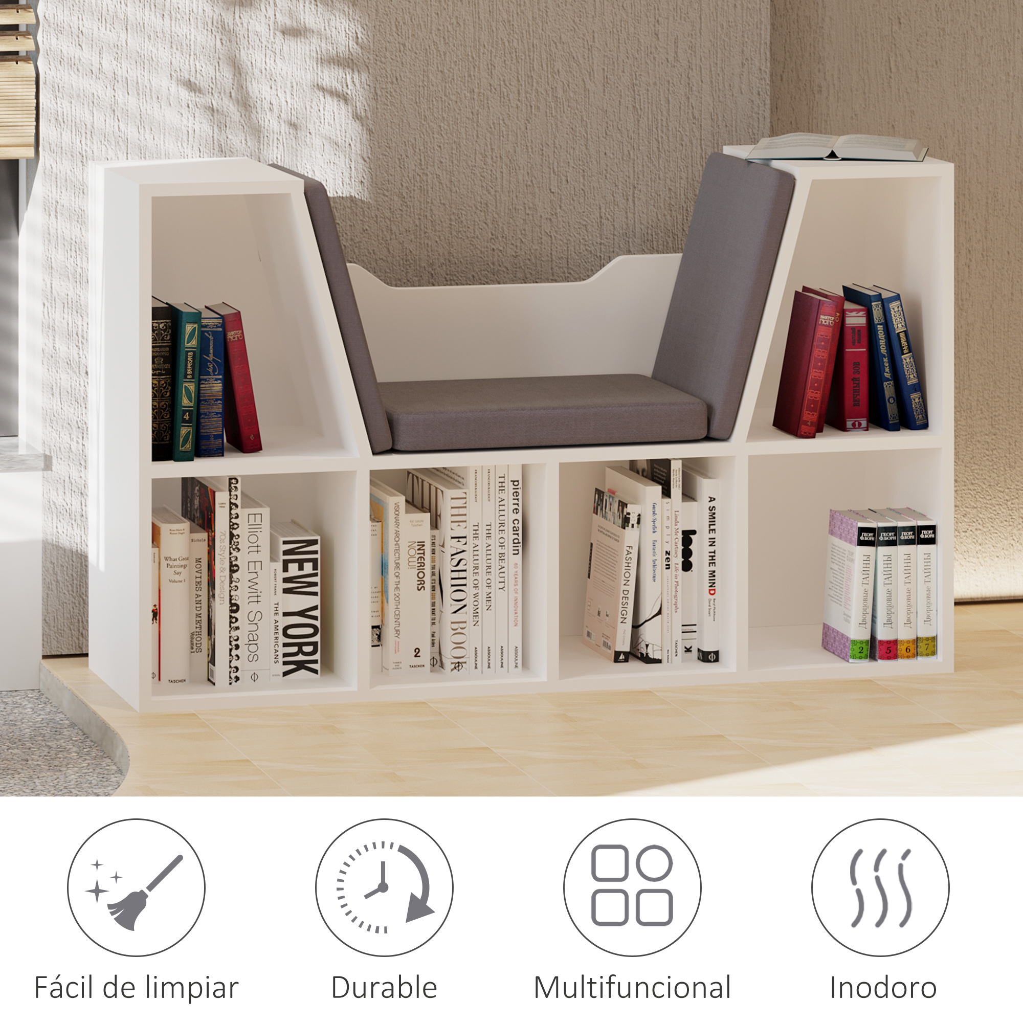 Una estantería blanca con asiento incorporado, llena de libros y revistas.