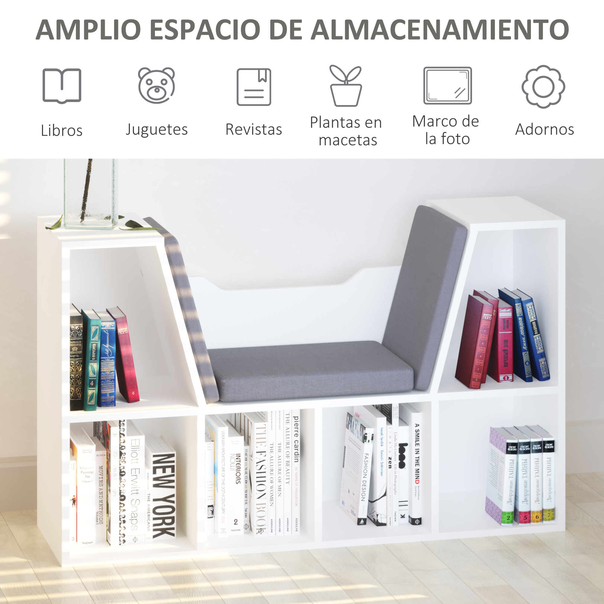 Un estante blanco con libros, cojín y decoración. Iconos arriba muestran libros, juguetes, revistas, plantas, marcos, adornos.