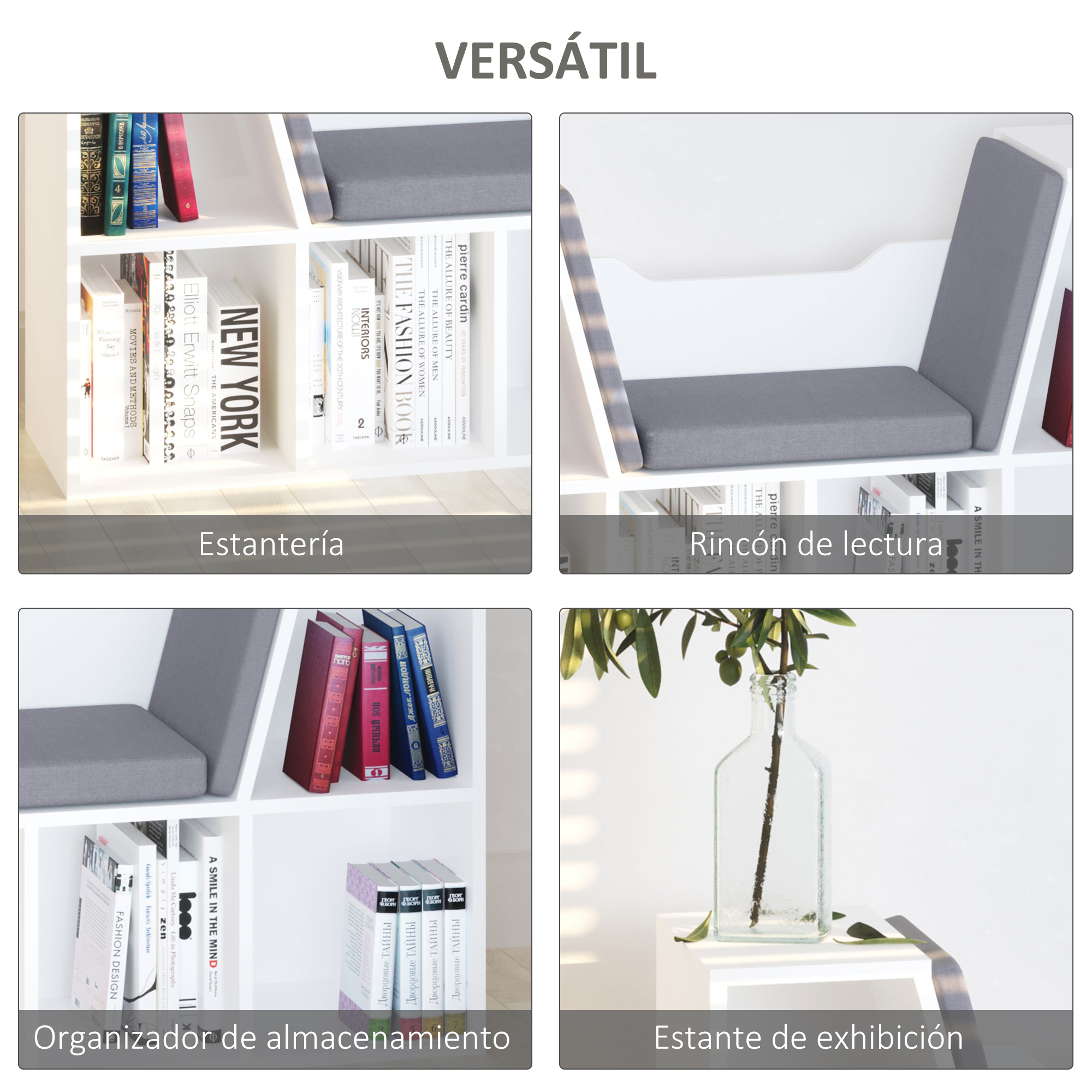 Un collage de cuatro paneles que muestra una estantería versátil.