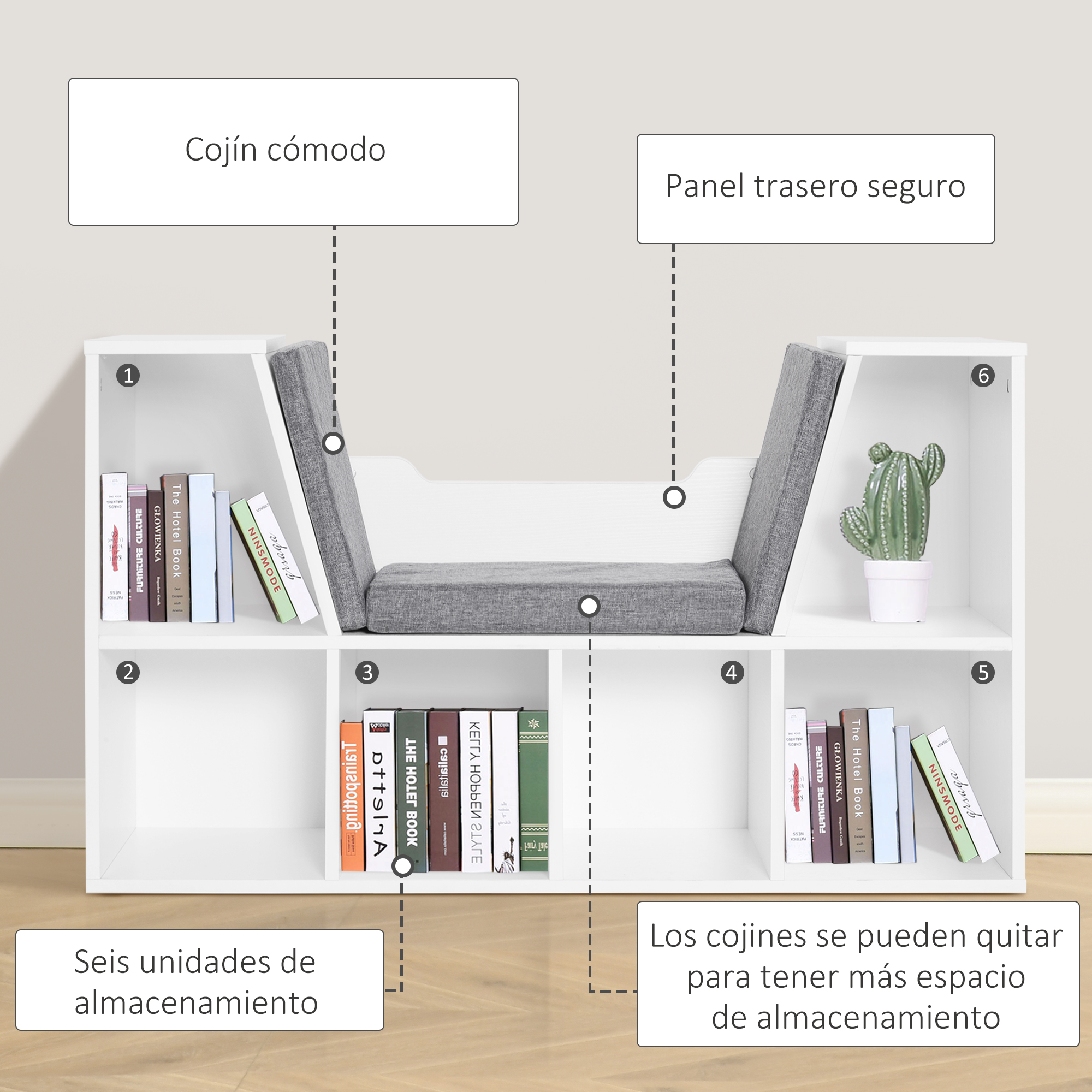 Un estante blanco de seis compartimentos con un cojín gris integrado.