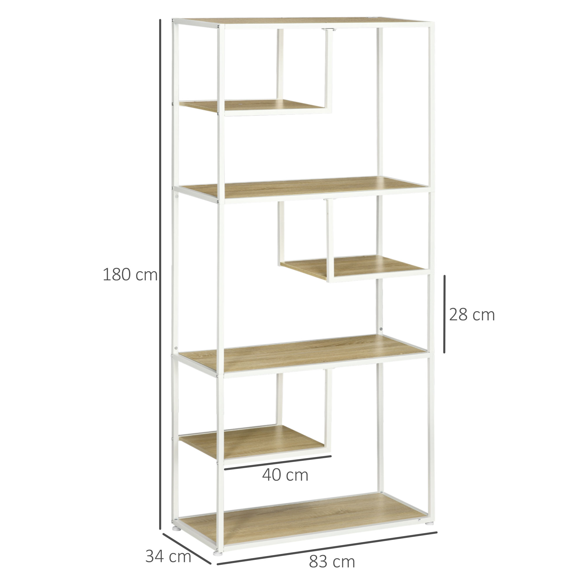 Un estante blanco de metal con baldas de madera, 180 cm de alto.