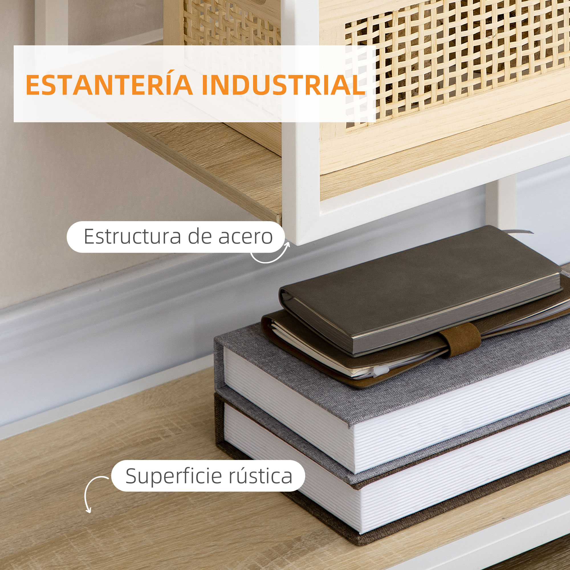 Estantería industrial con marco de acero, superficies de madera y detalles tejidos.