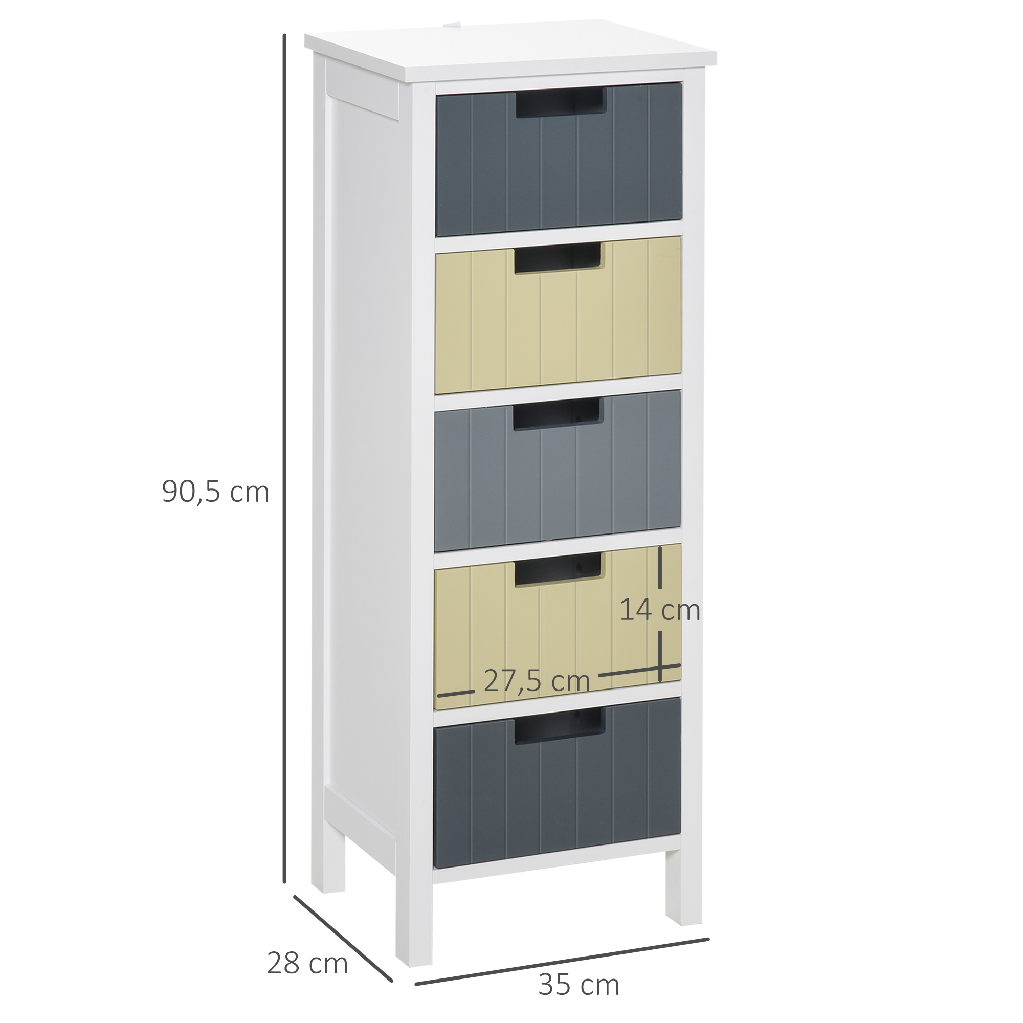 Un mueble blanco estrecho con 5 cajones en gris y beige. Se muestran las dimensiones.