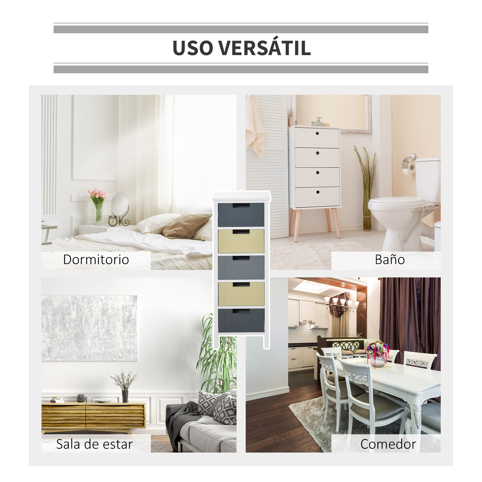 Colage muestra sala, dormitorio, baño y comedor con muebles.