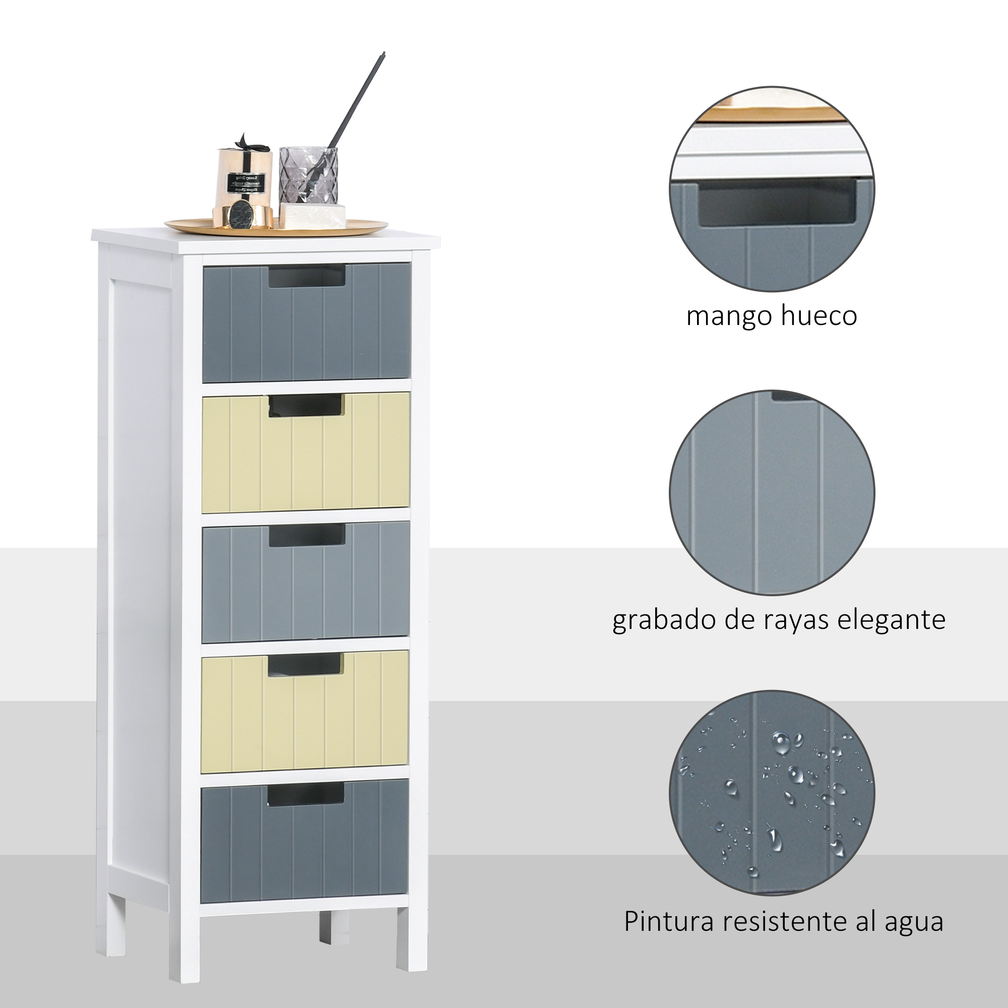 Armario estrecho blanco con cinco cajones, alternando gris y amarillo.