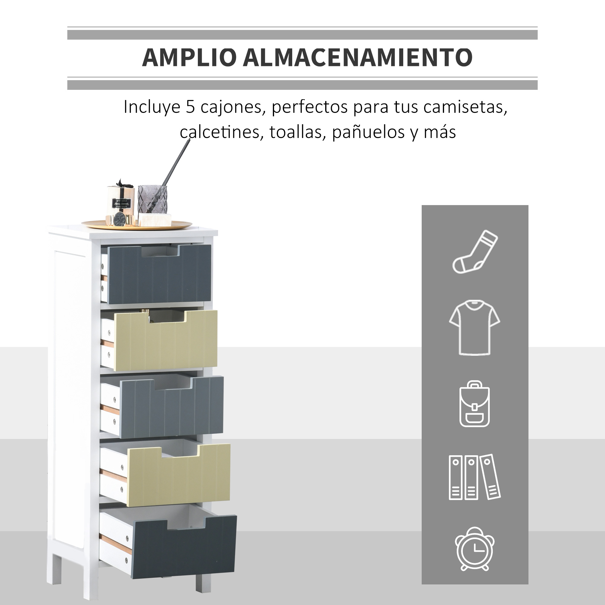 Armario blanco con 5 cajones grises y beige. Elementos decorativos encima.