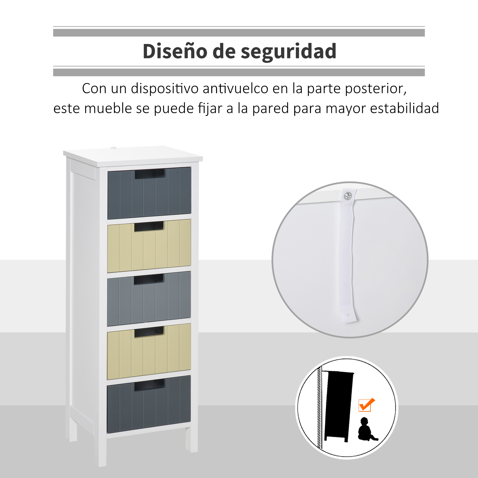 Un mueble blanco con cinco cajones grises y amarillos, fijado a la pared.