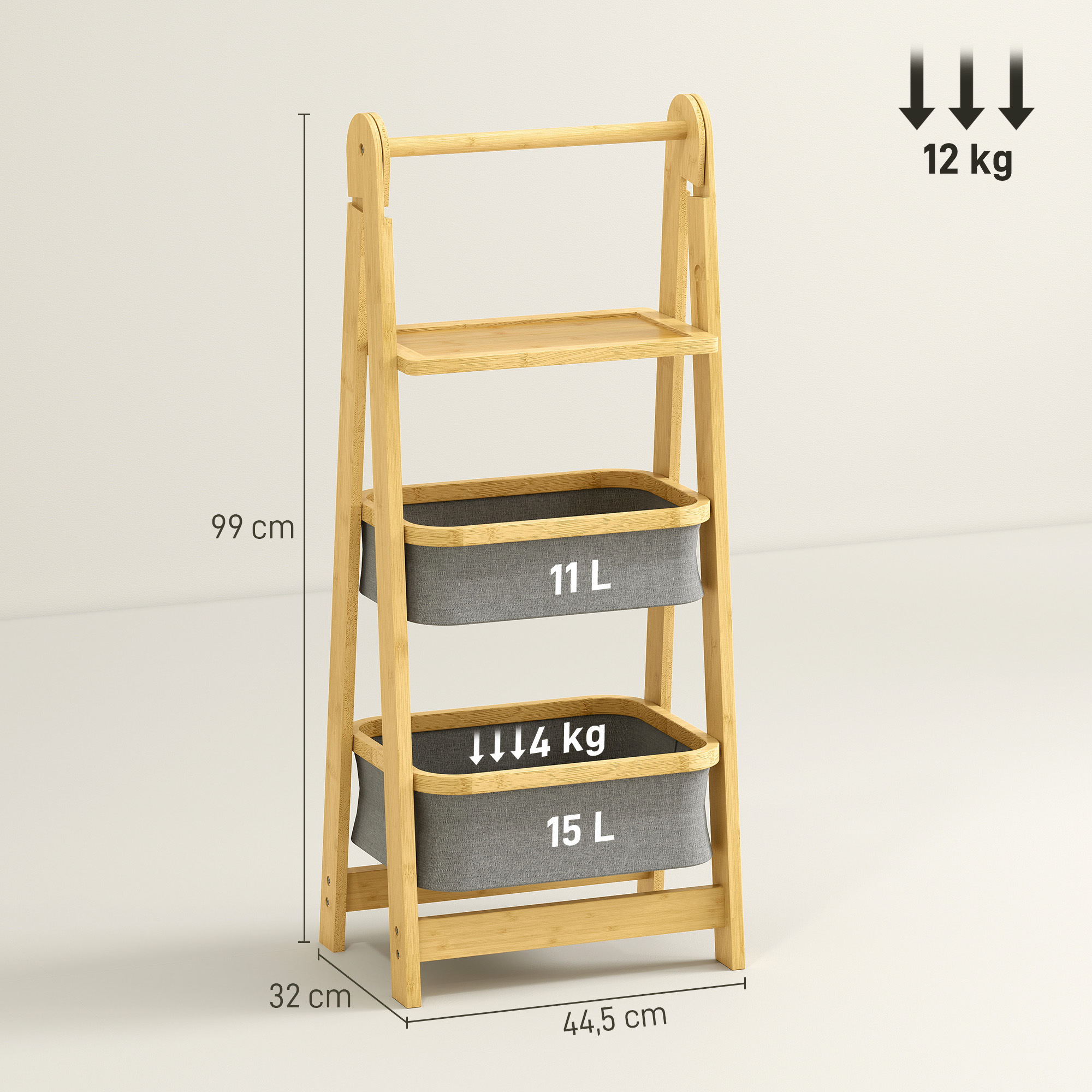 Estante de madera con dos cestas grises, se indican las dimensiones.