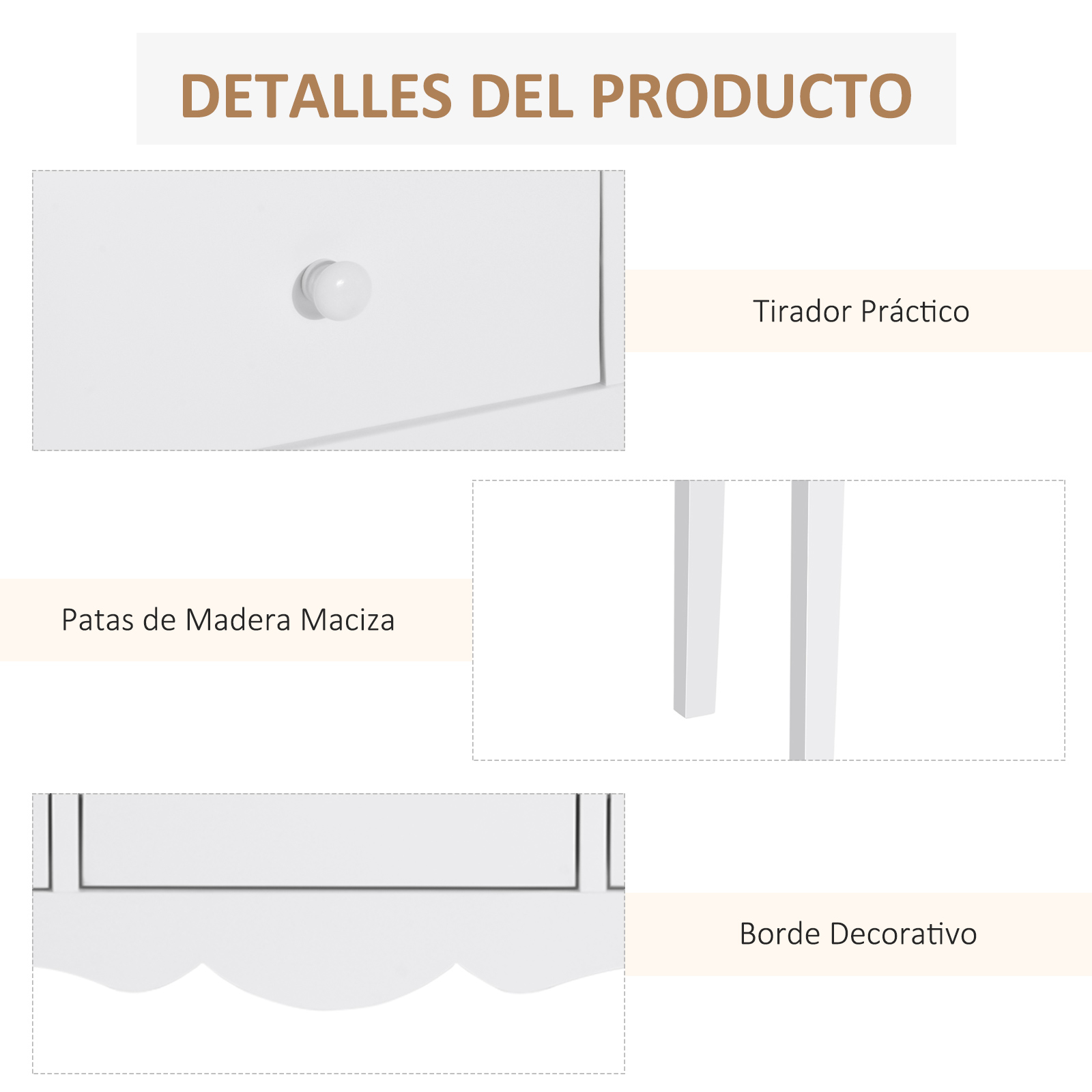 Cajón blanco con pomo redondo, patas de madera y borde decorativo.