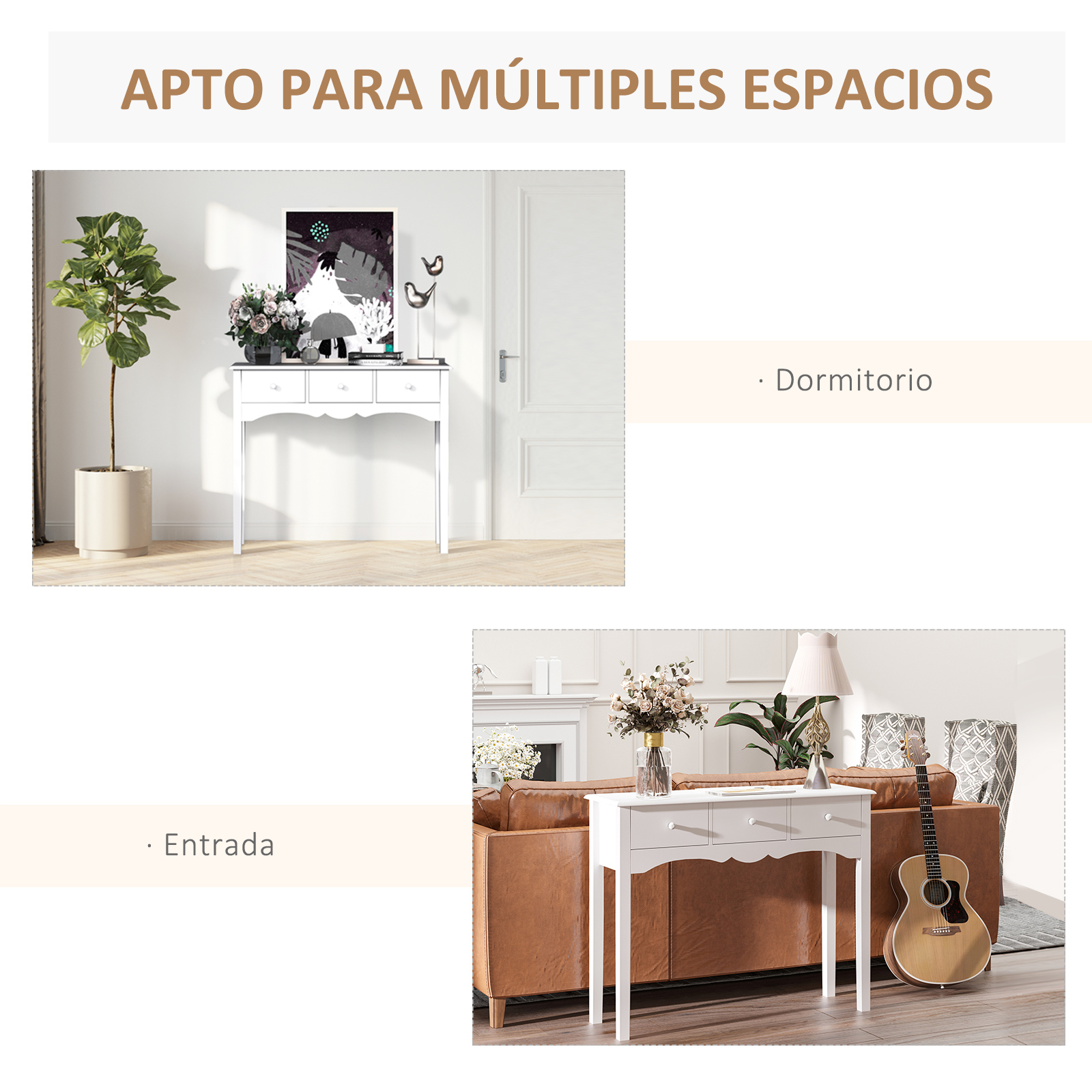 Una mesa consola blanca con tres cajones, adornada con flores y decoraciones.