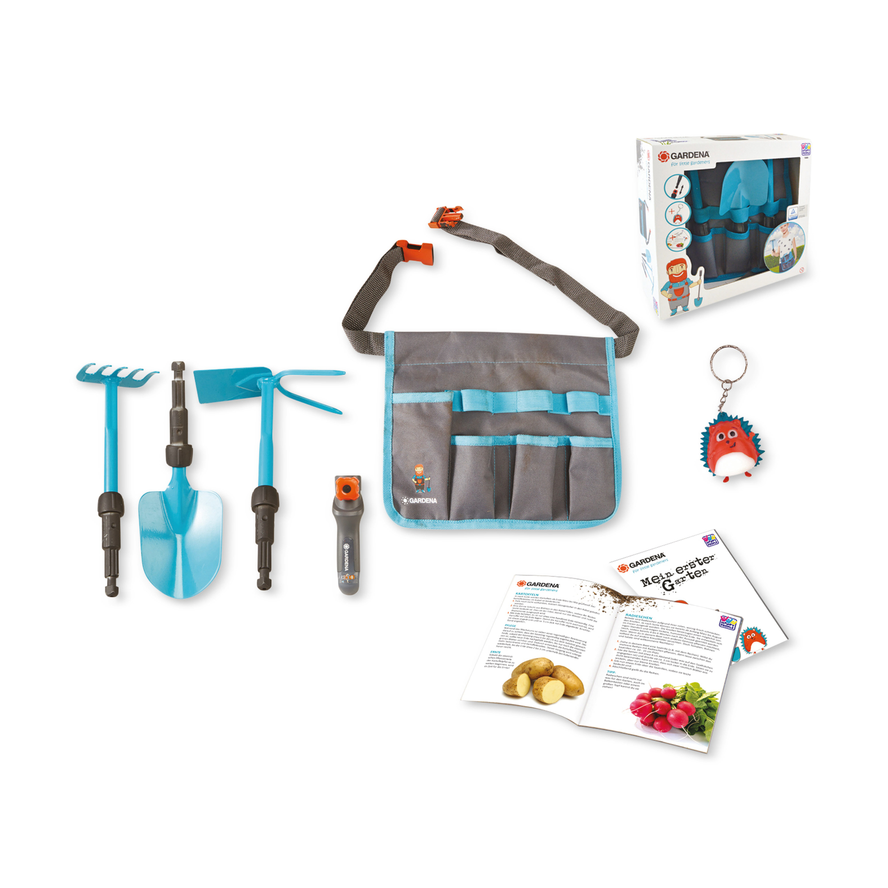 A children's garden tool set with shovel, rake, hoe, pouch, and instructions.