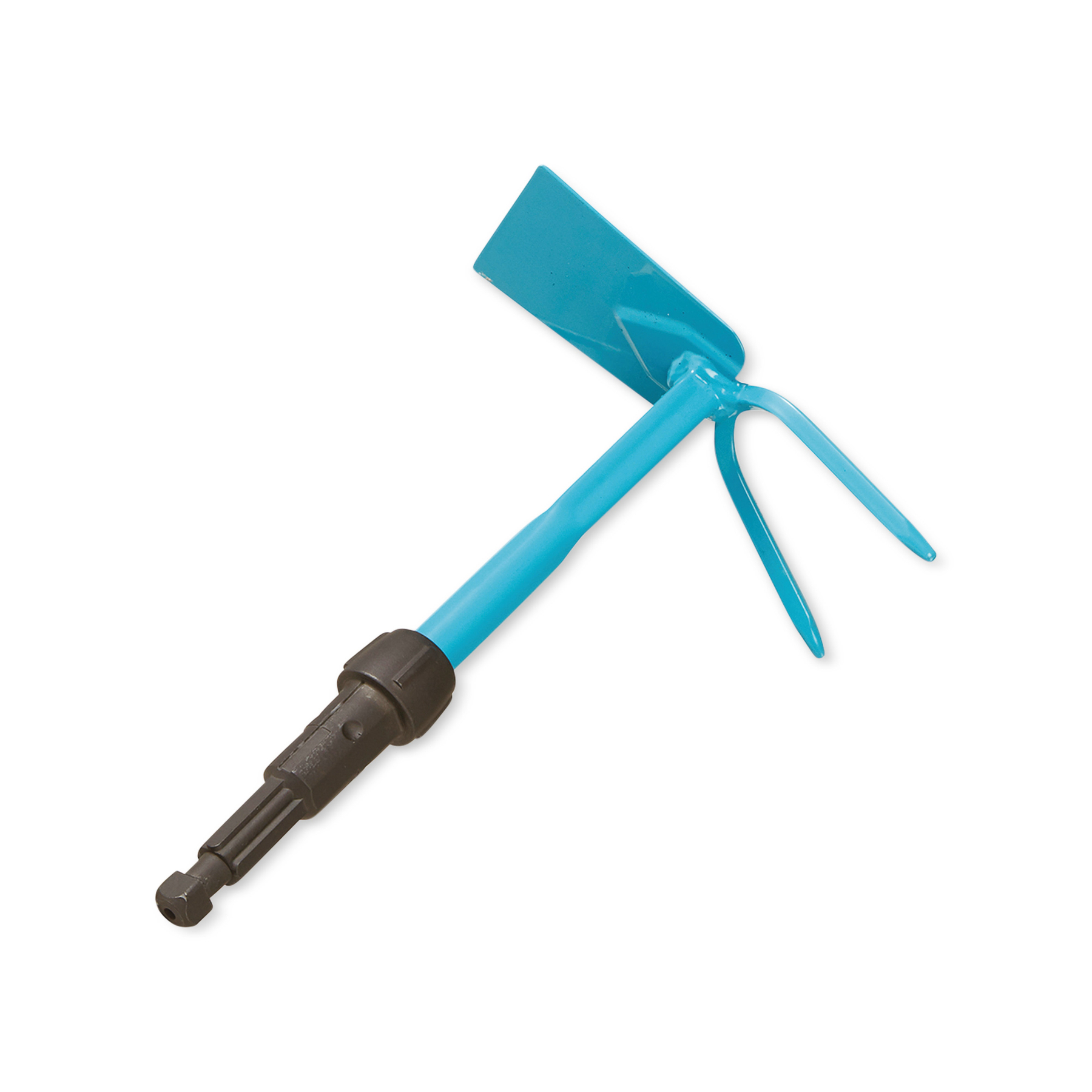 Blue garden tool with flat spade and fork, black handle.
