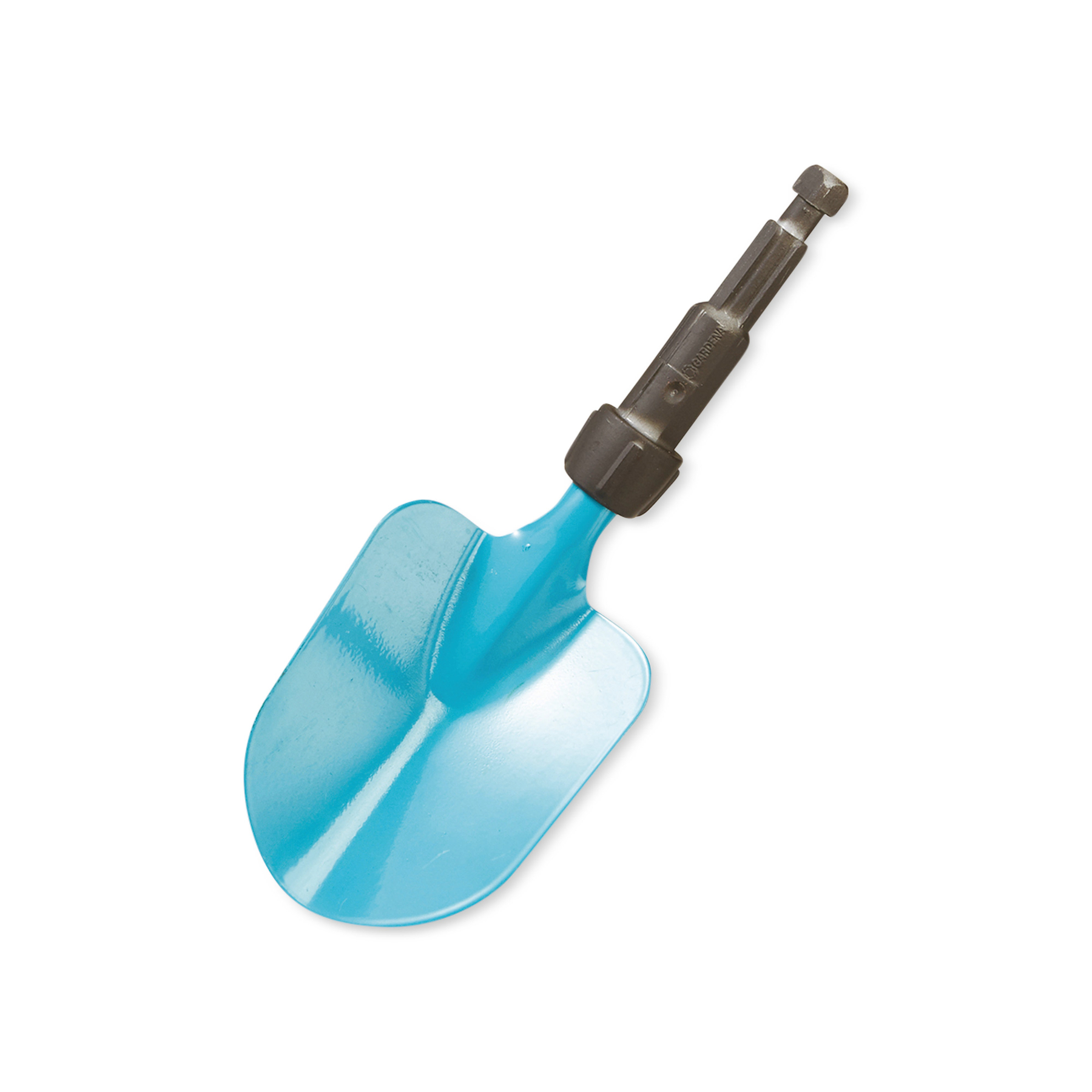 A blue shovel with a gray handle on a white background.