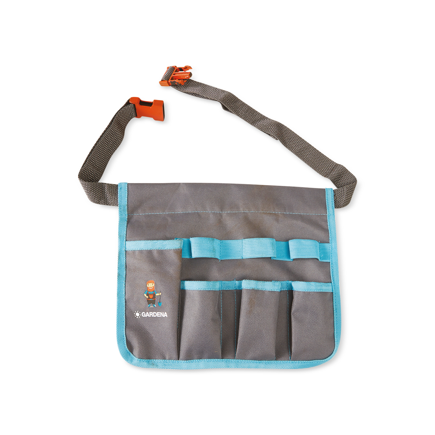 Gray tool belt with blue trim and pockets, orange buckle. Features Gardena logo.