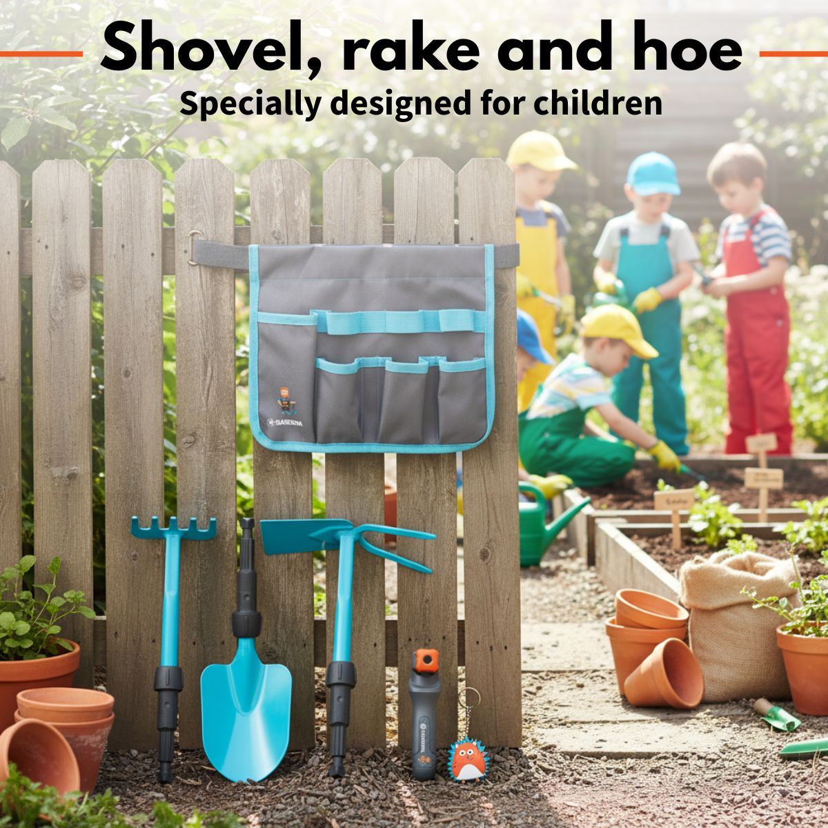 Kids' garden tools: shovel, rake, hoe, tool pouch, and bottle.