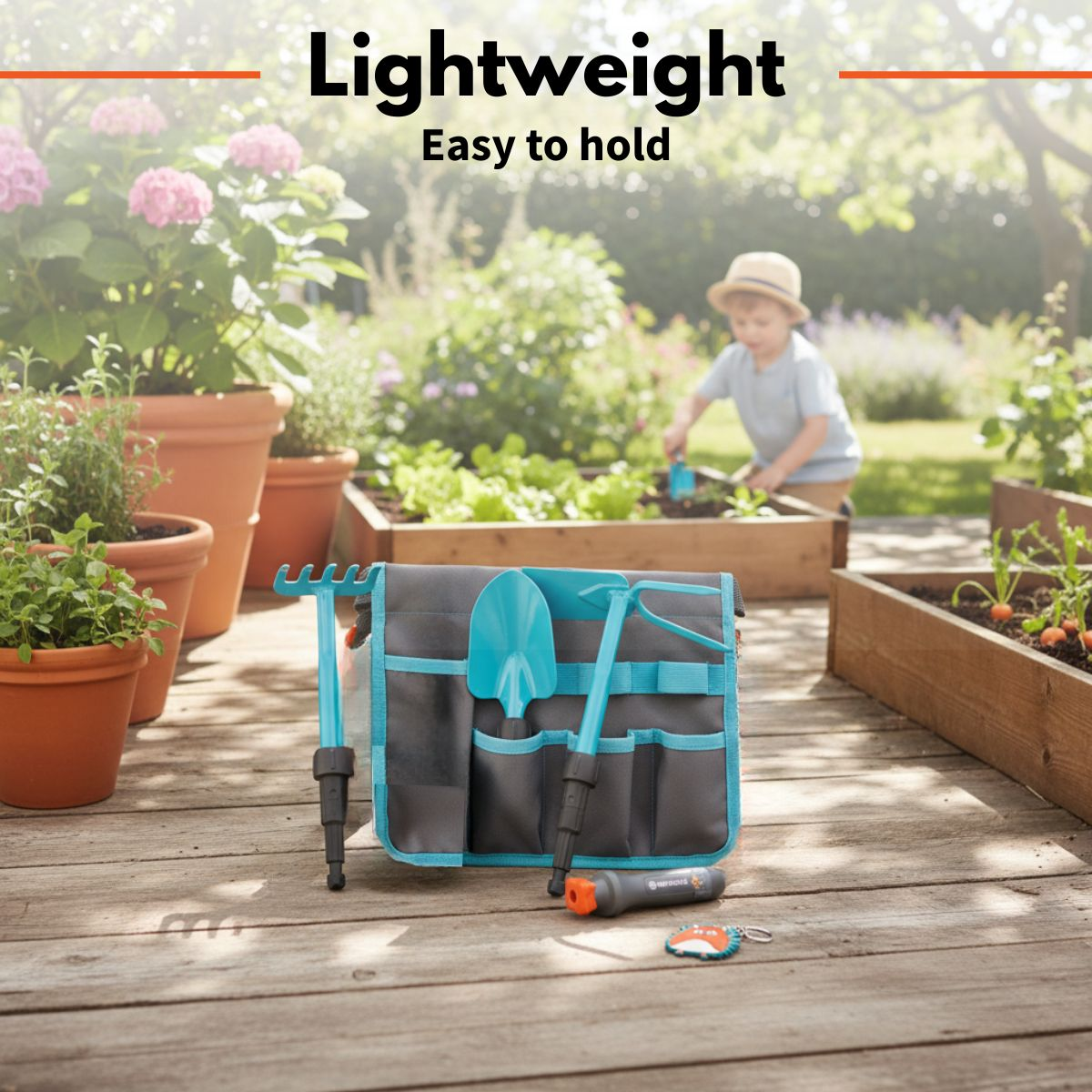 Gardening tools in a pouch on a wooden deck, with a child gardening in the background.