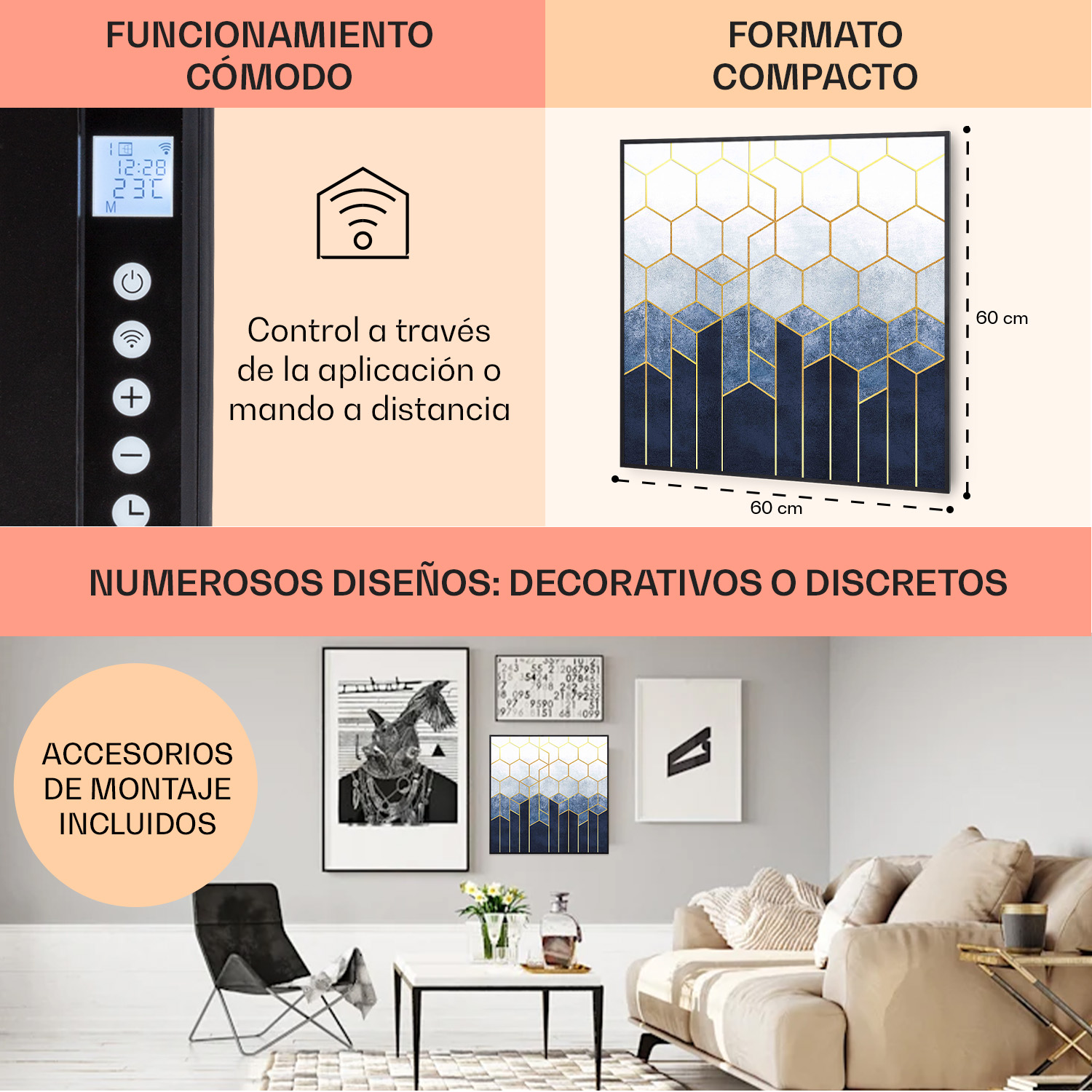 Una stufa con telecomando e opere d'arte.