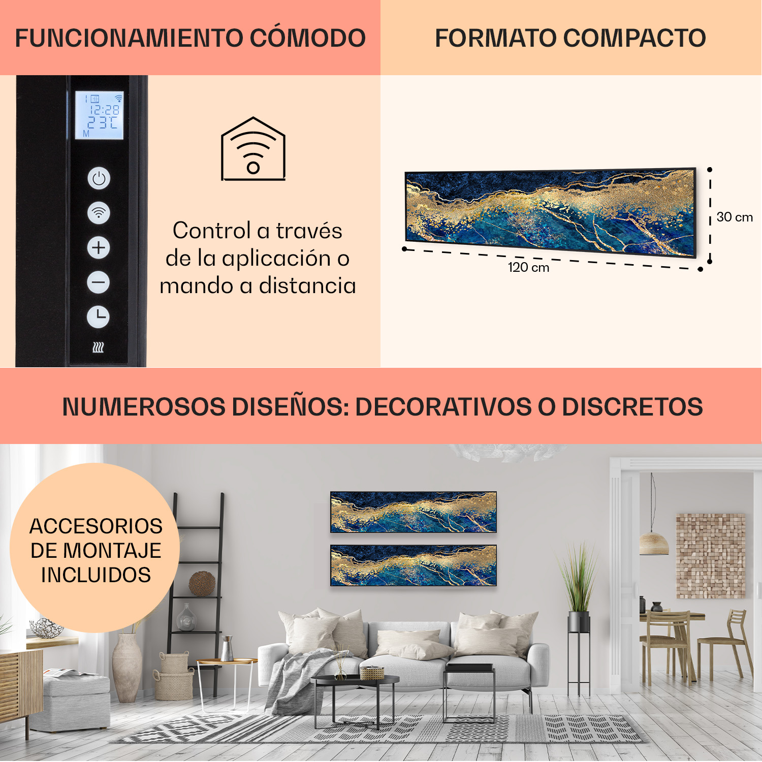 Riscaldatore con pannello di controllo, arte e soggiorno con due quadri.