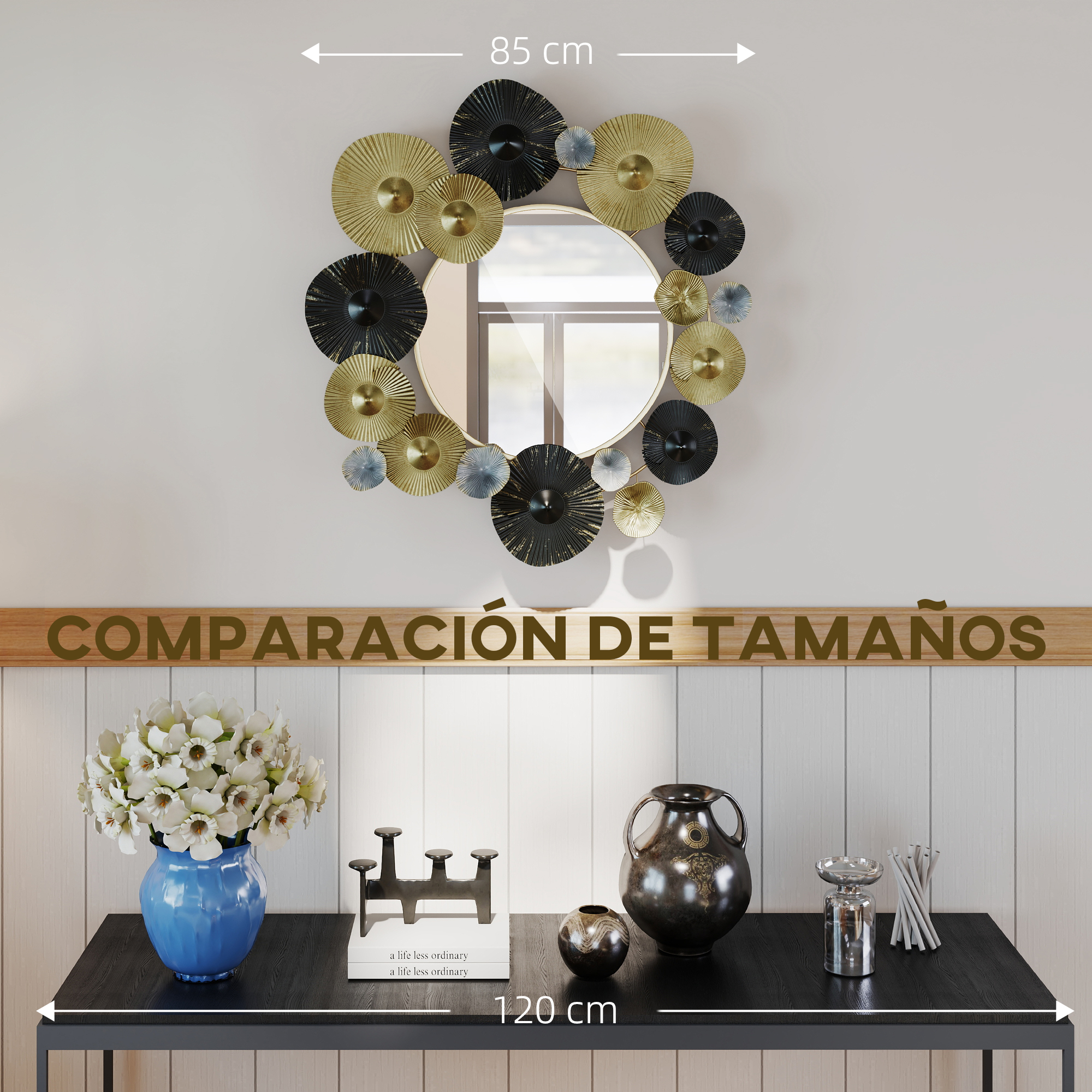 Espejo decorativo con acentos negros, dorados y azules sobre una mesa con decoración.