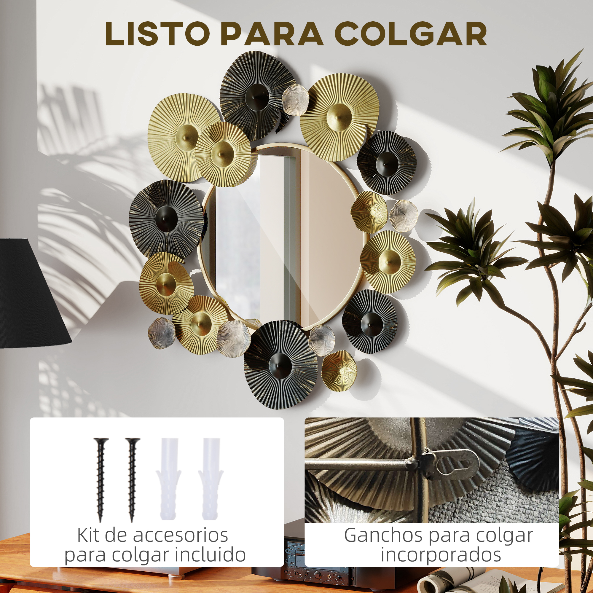 Un espejo con decoración de pared metálica dorada y negra, tornillos y tacos.