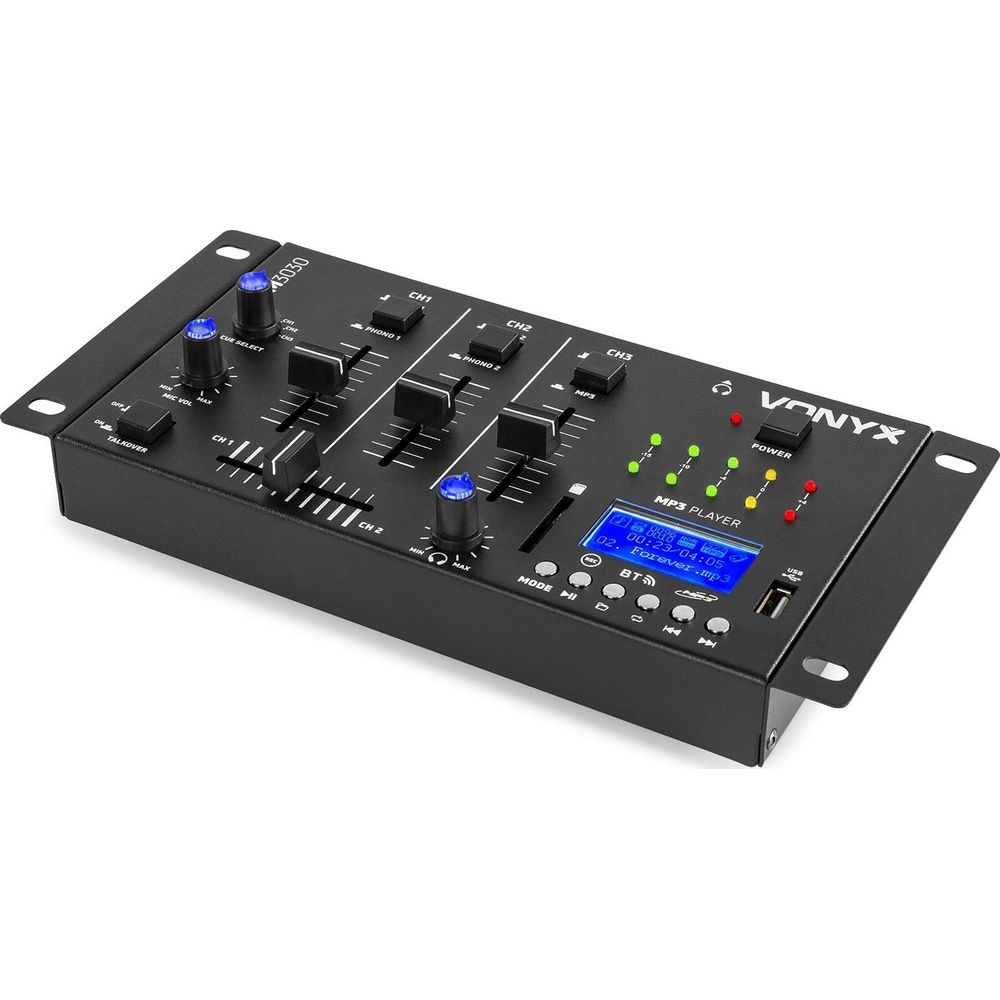 Una mesa de mezclas DJ Vonyx negra con perillas, faders y pantalla LCD.