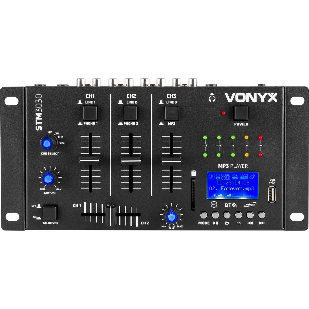 Un mezclador DJ Vonyx STM3030 negro con faders, perillas y pantalla LCD.