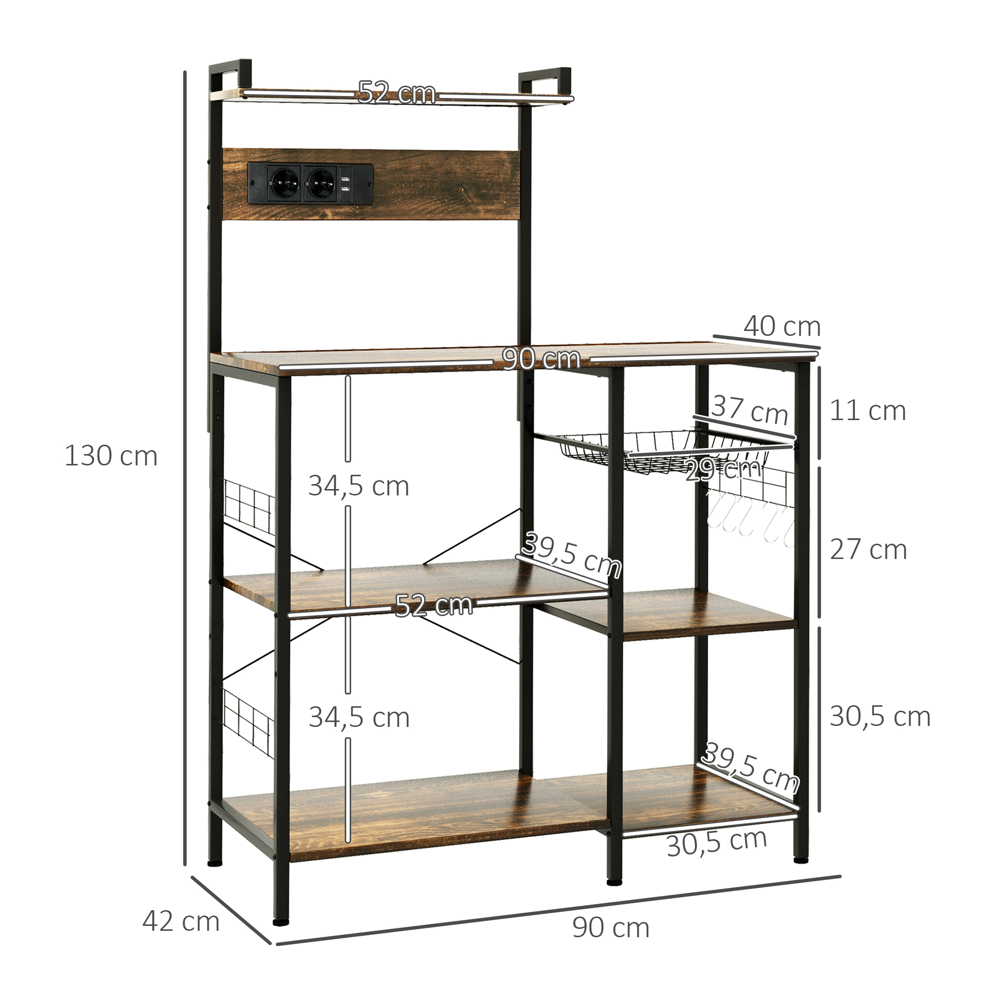 Estantería con superficies de madera y marco de metal negro, se indican las dimensiones.