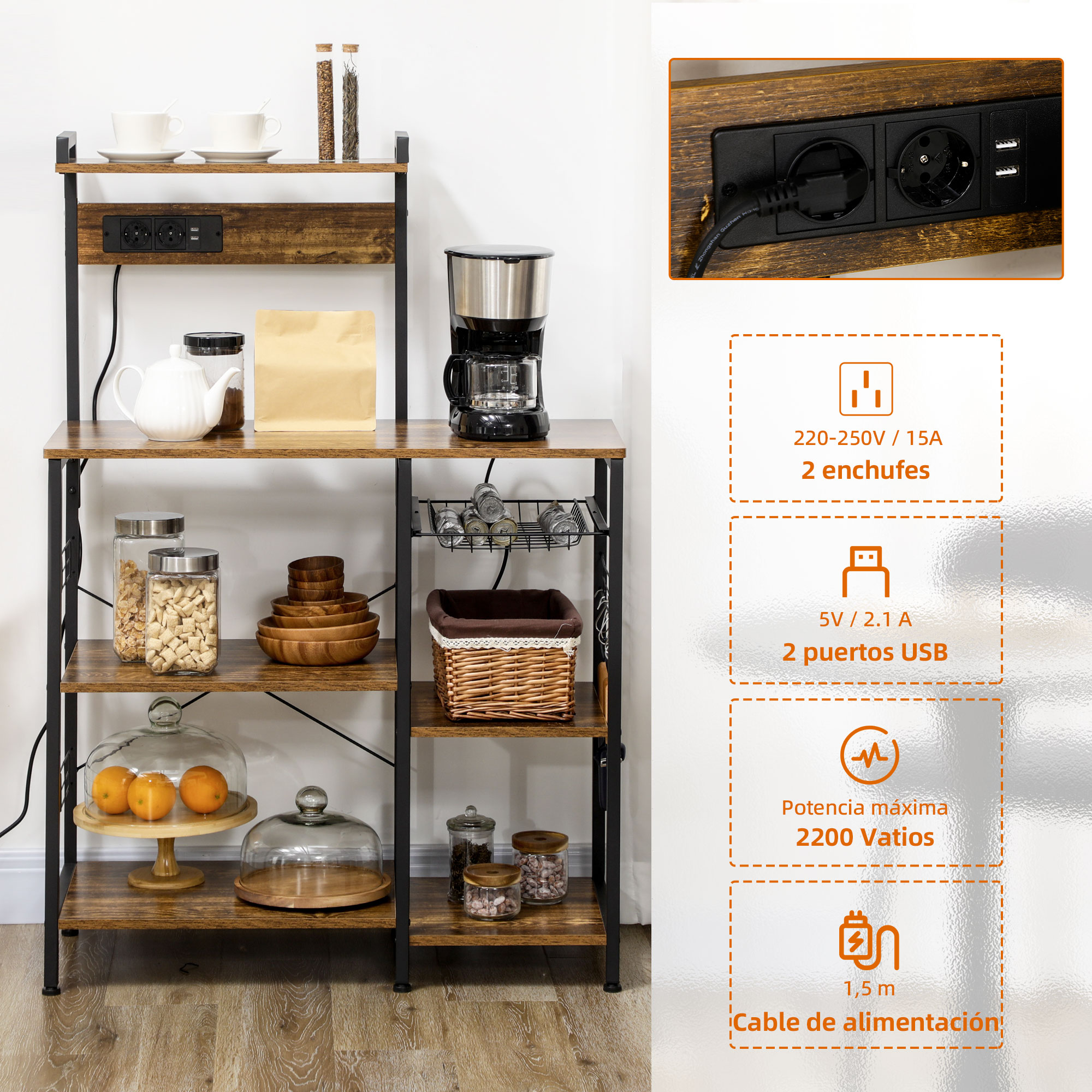Estante de cocina con cafetera, frascos y toma de corriente integrada.