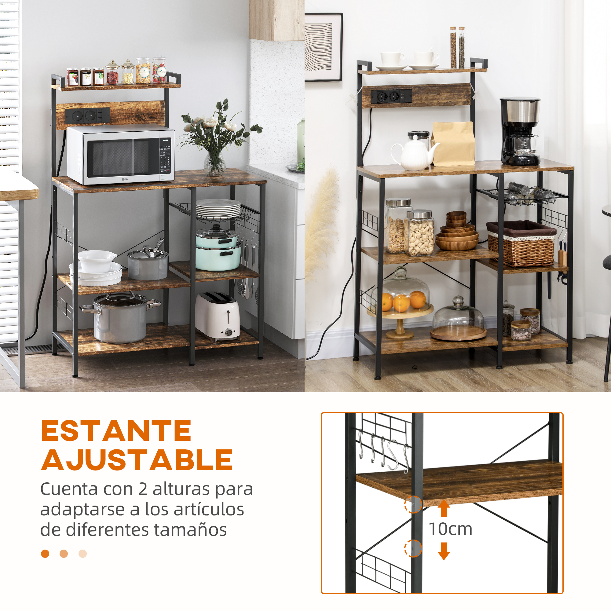 Estante de cocina de madera con microondas, cafetera y utensilios.