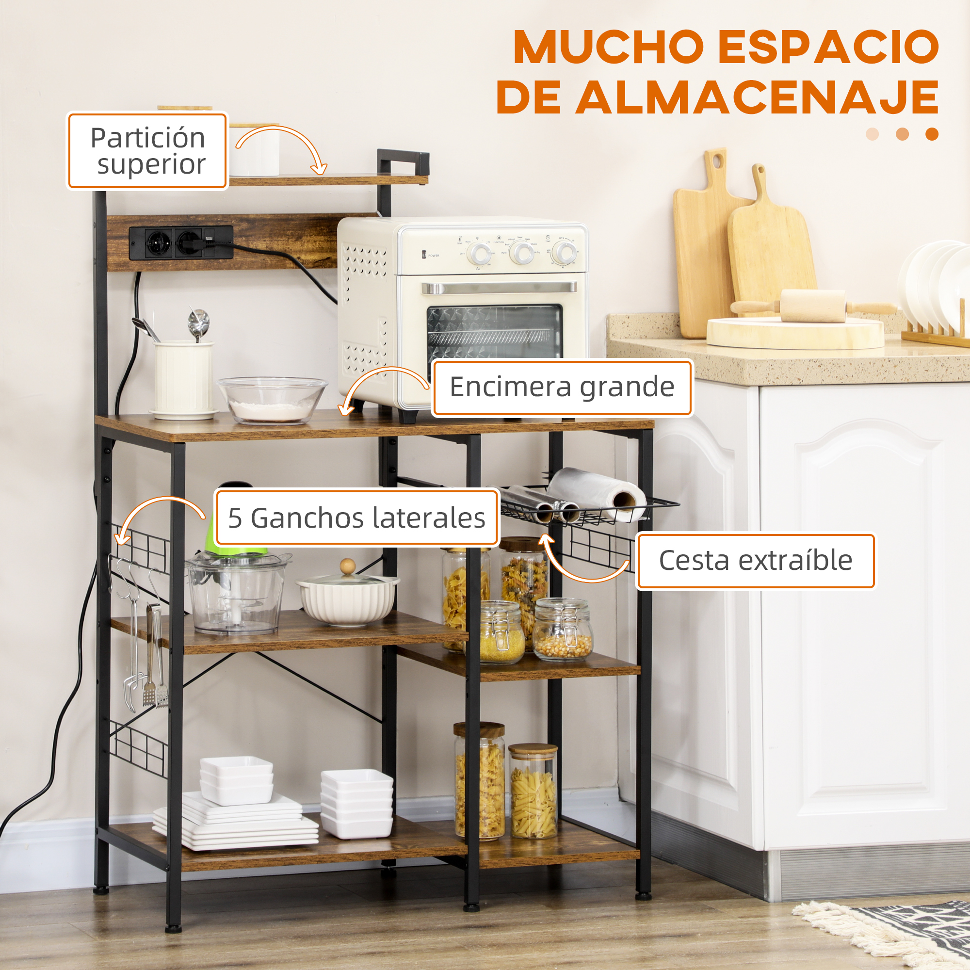 Una estantería rústica de cocina de madera y metal con horno, tarros, cuencos y accesorios.