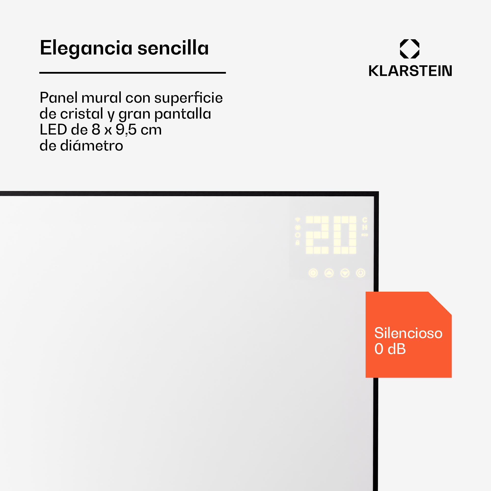 Pannello murale bianco con logo Klarstein, display a LED e box informativo arancione.